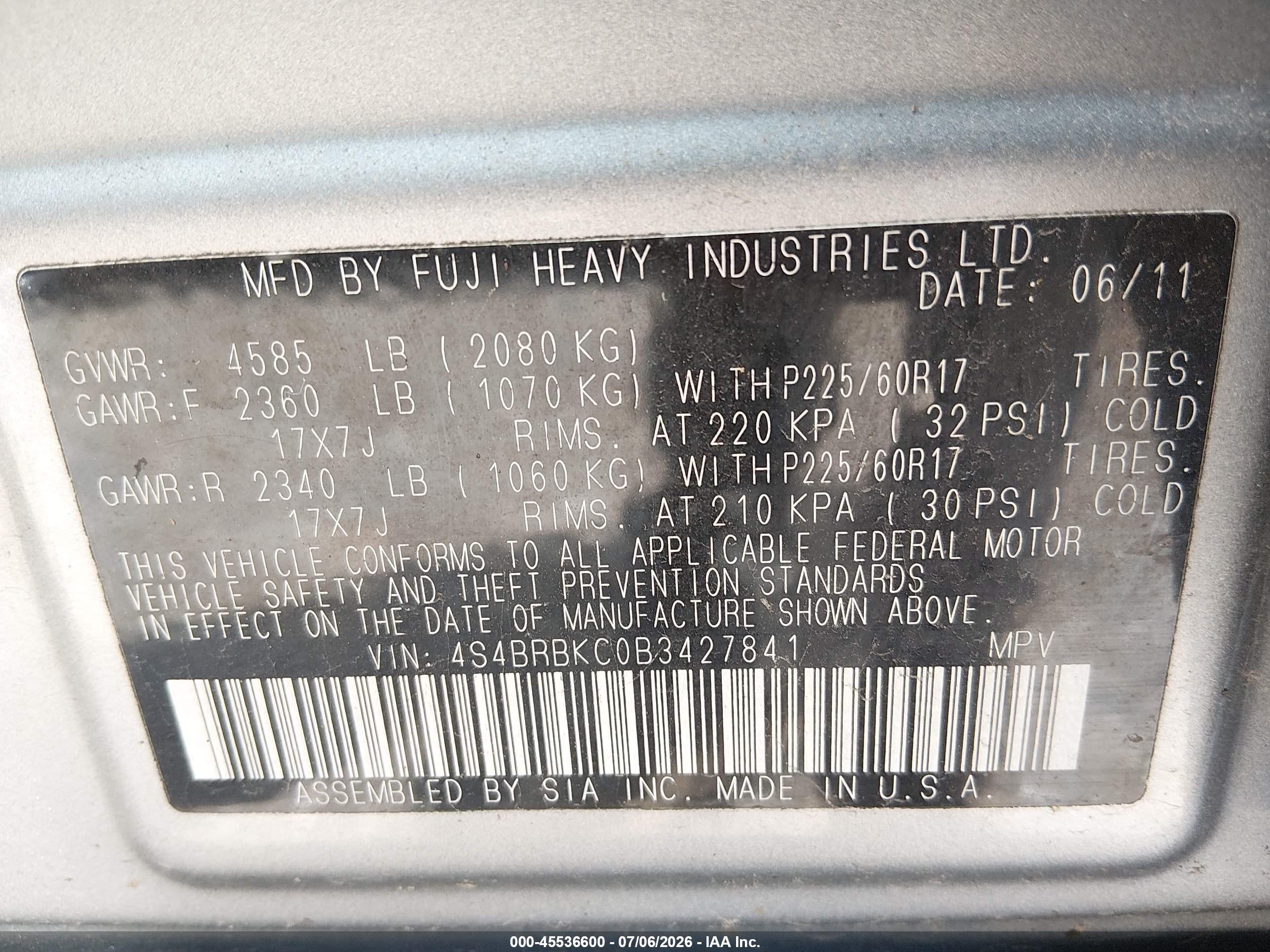 2011 Subaru Outback 2.5i Limited Silver vin: 4S4BRBKC0B3427841