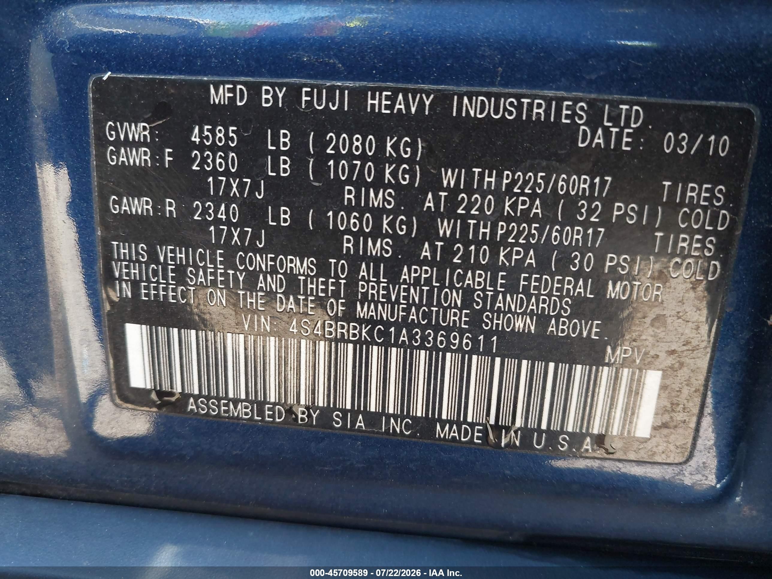 2010 Subaru Outback 2.5i Limited Синий vin: 4S4BRBKC1A3369611