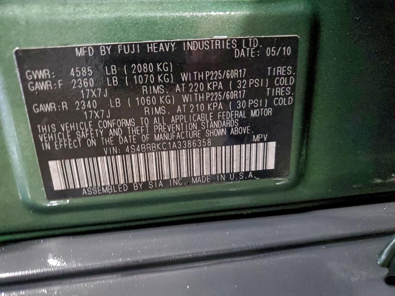 2010 Subaru Outback 2.5i Limited Green vin: 4S4BRBKC1A3386358