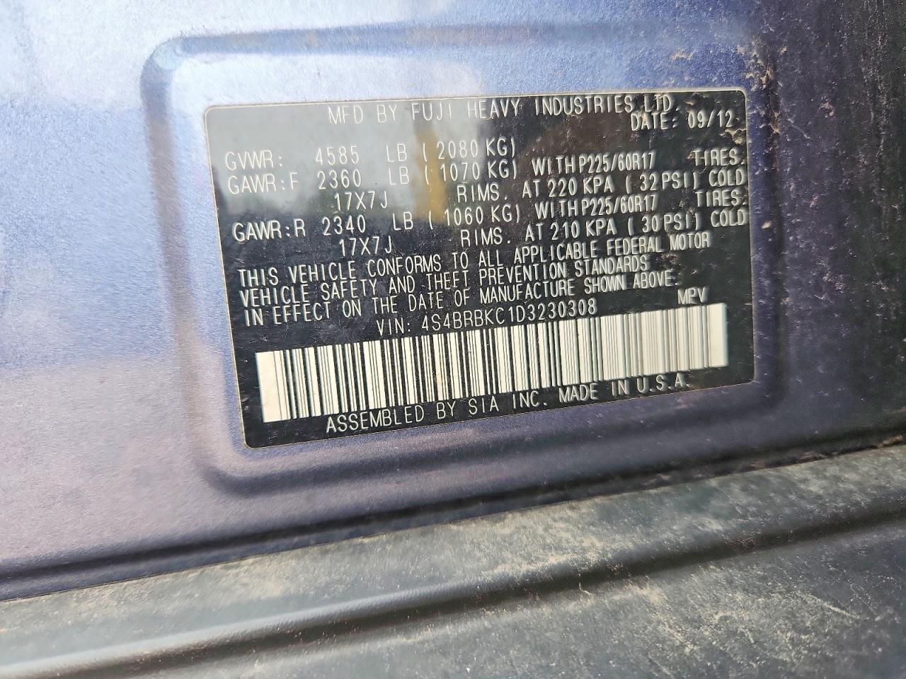2013 Subaru Outback 2.5i Limited Blue vin: 4S4BRBKC1D3230308