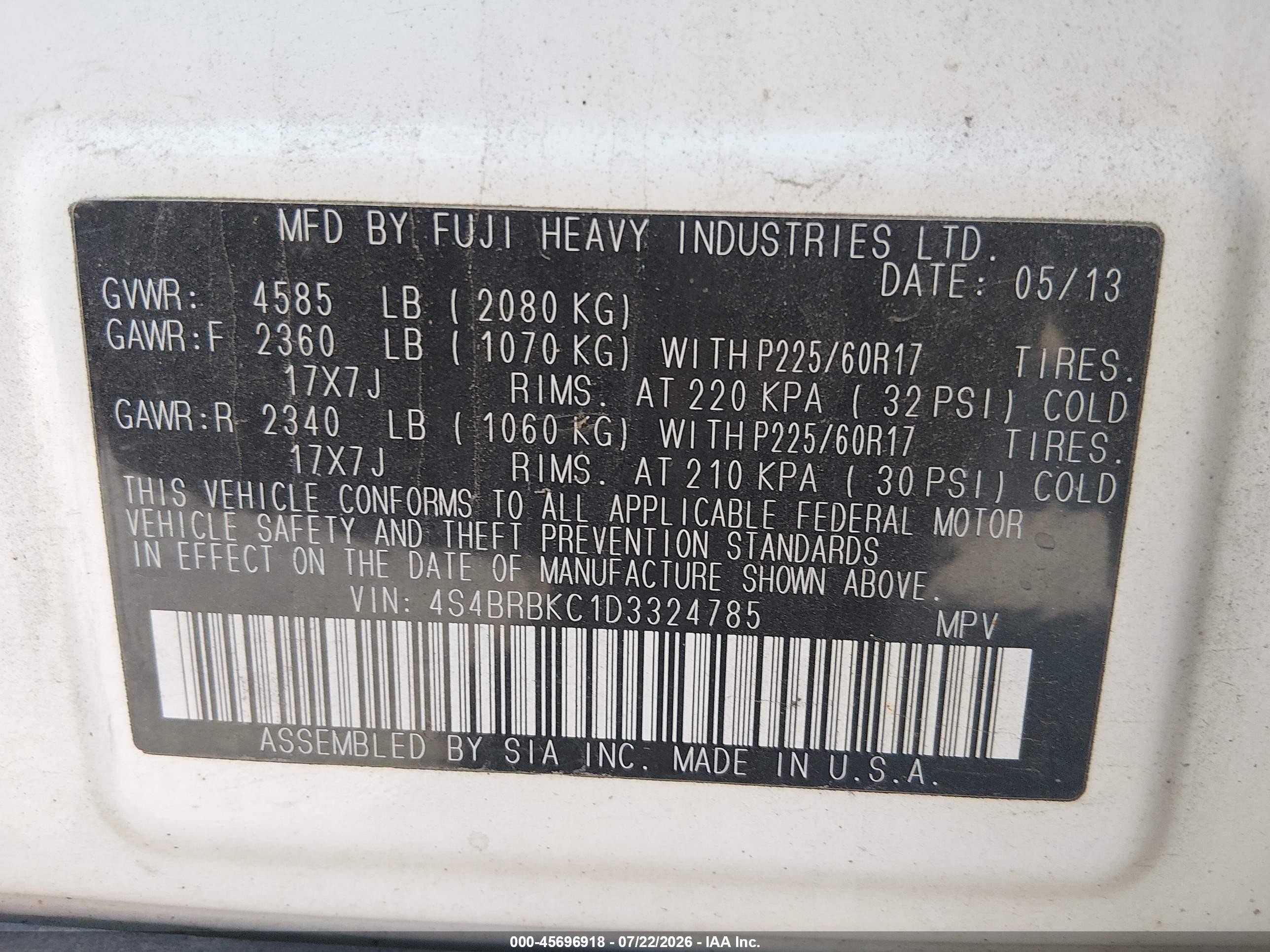 2013 Subaru Outback 2.5i Limited White vin: 4S4BRBKC1D3324785