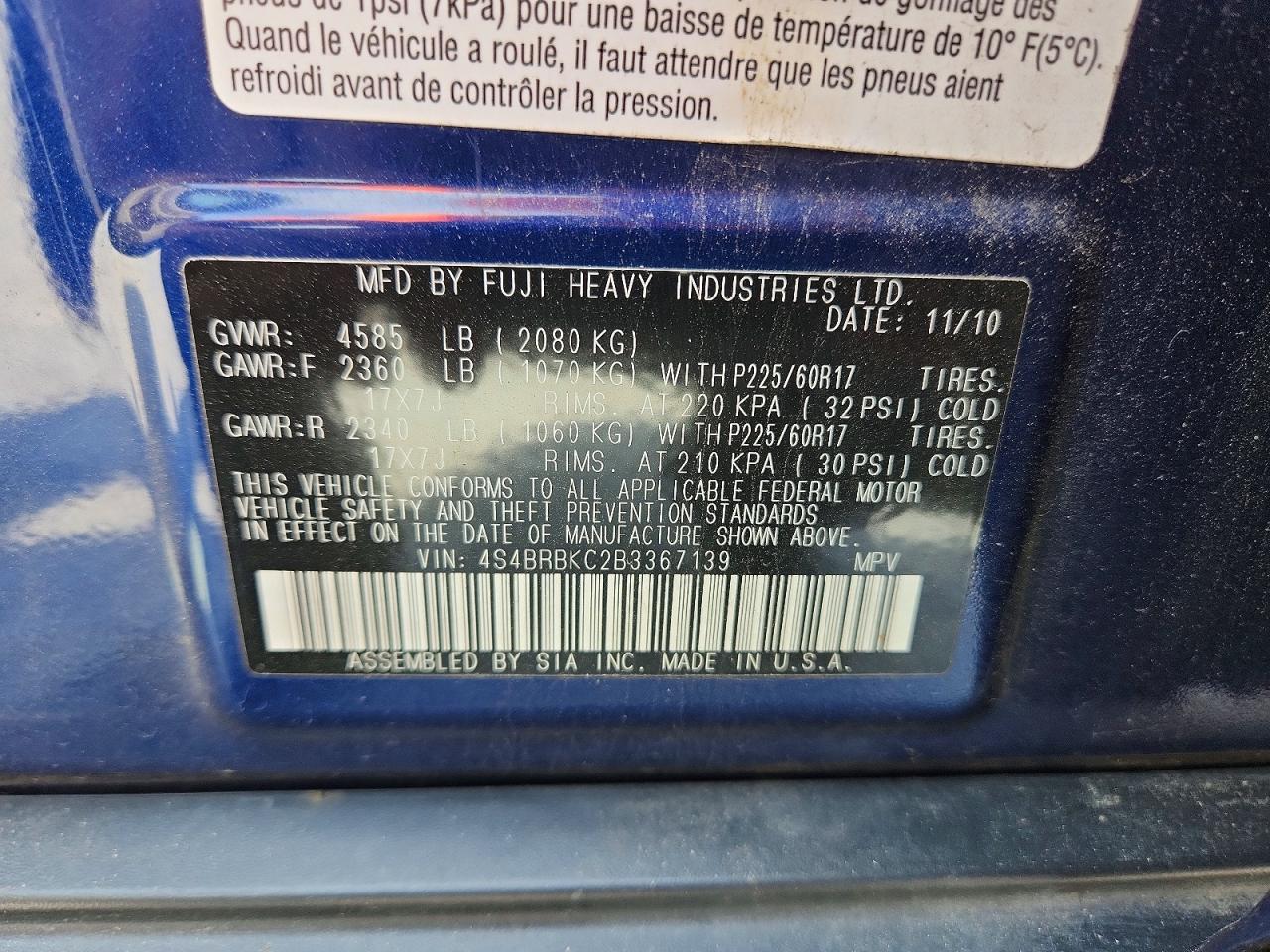 2011 Subaru Outback 2.5i Limited Blue vin: 4S4BRBKC2B3367139