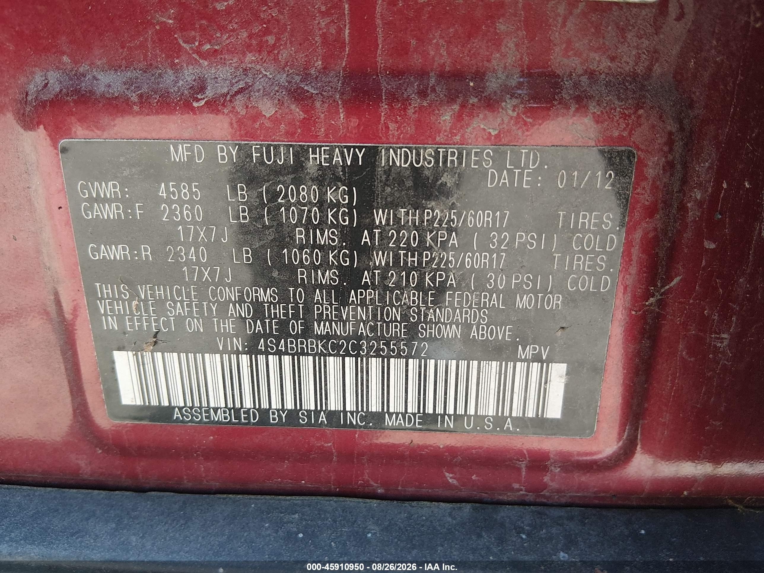 2012 Subaru Outback 2.5i Limited Red vin: 4S4BRBKC2C3255572