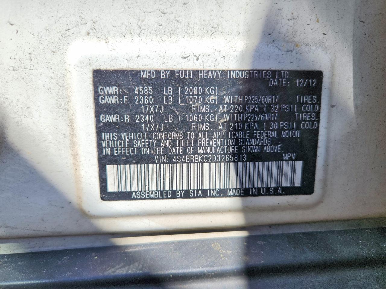 2013 Subaru Outback 2.5i Limited Белый vin: 4S4BRBKC2D3265813