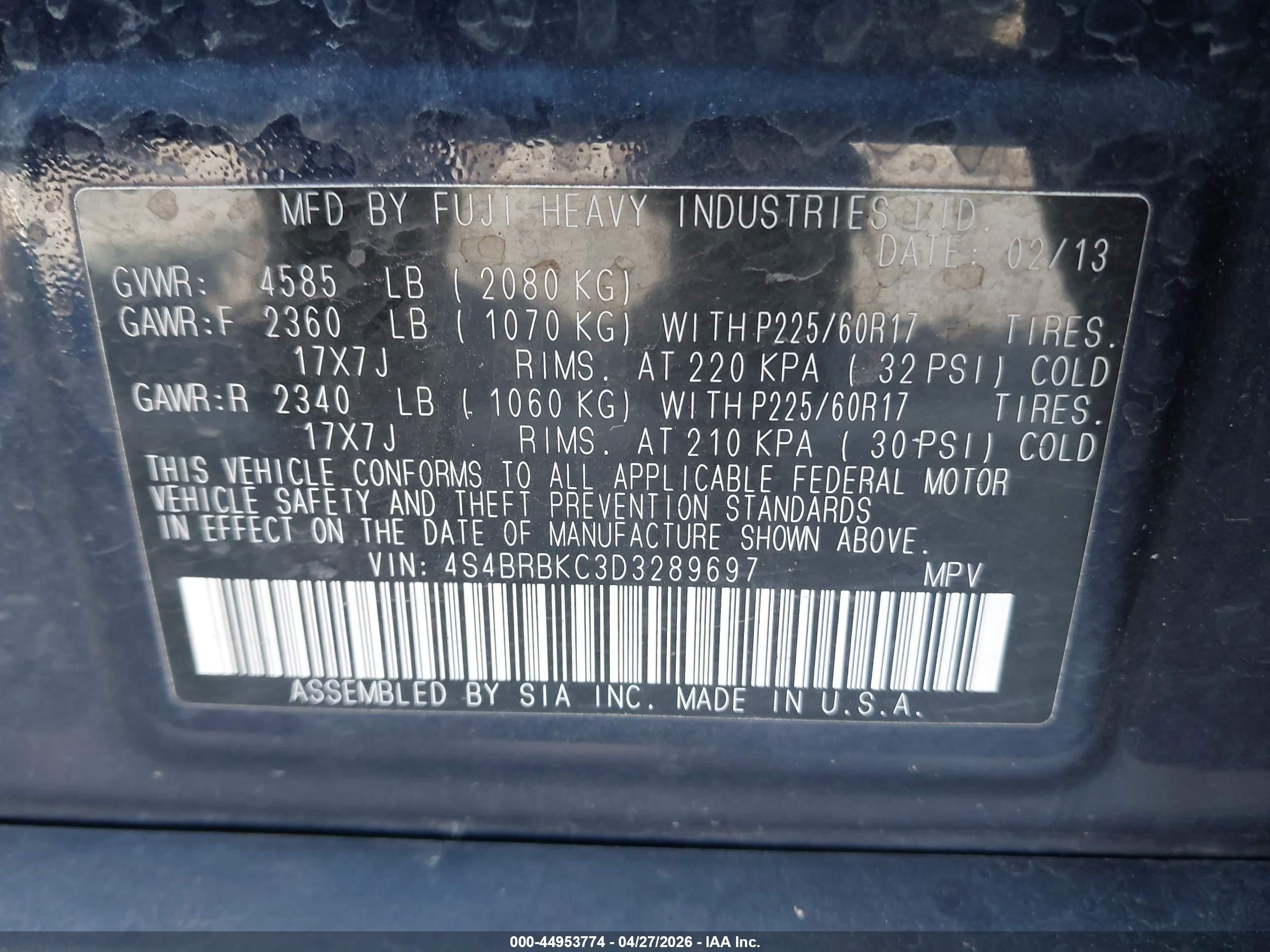 2013 Subaru Outback 2.5i Limited Dark Blue vin: 4S4BRBKC3D3289697