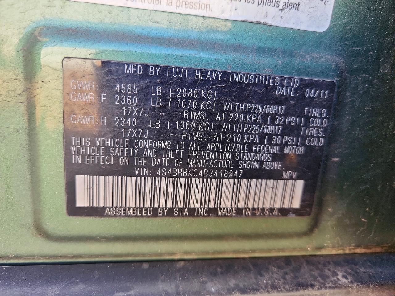 2011 Subaru Outback 2.5i Limited Green vin: 4S4BRBKC4B3418947