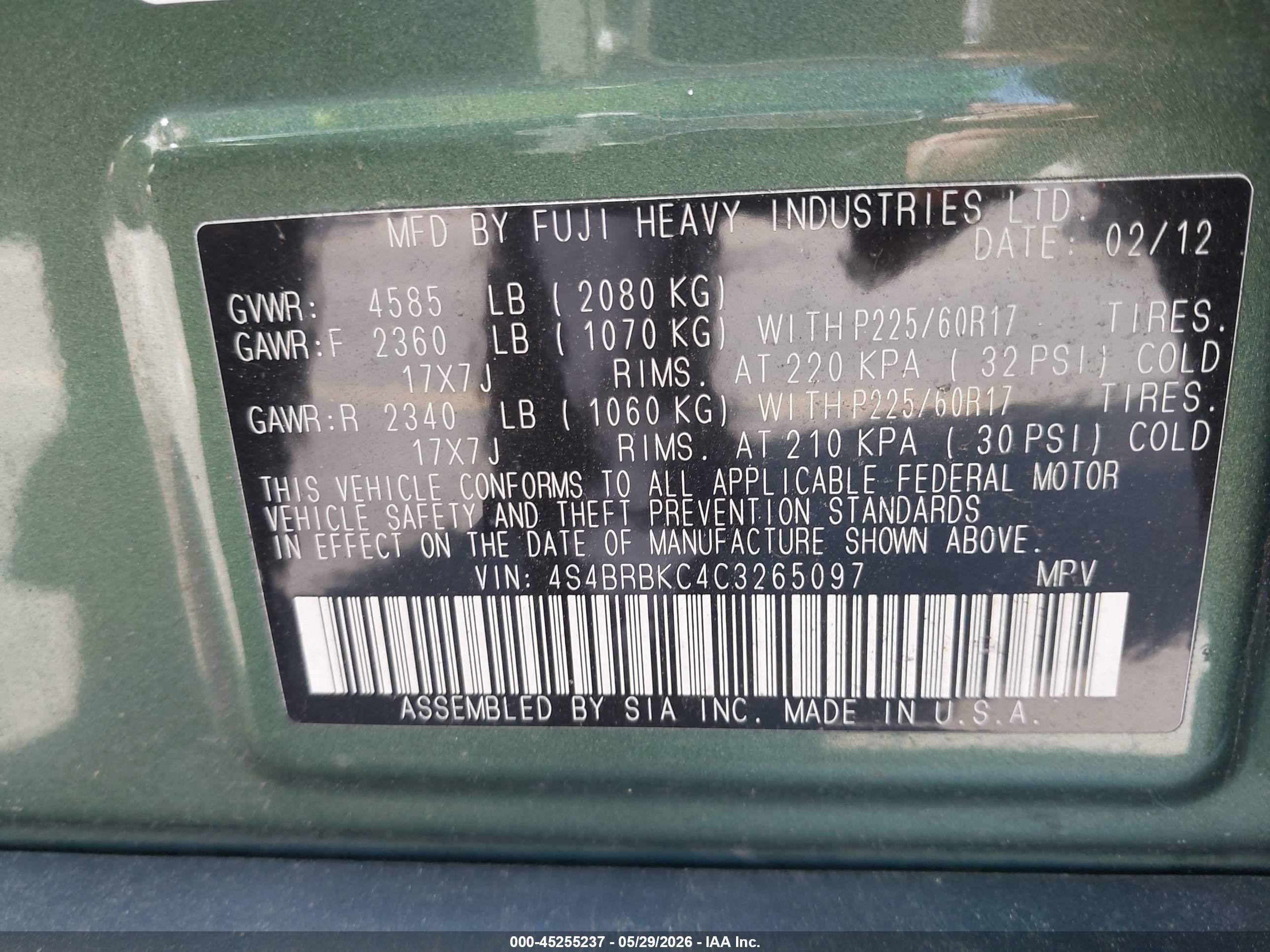 2012 Subaru Outback 2.5i Limited Green vin: 4S4BRBKC4C3265097