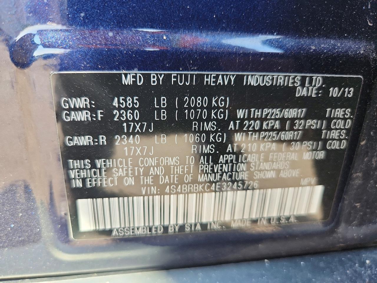 2014 Subaru Outback 2.5i Limited Blue vin: 4S4BRBKC4E3245726