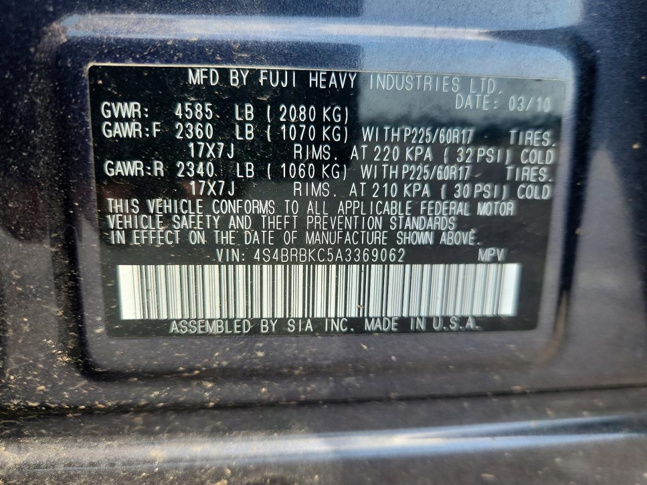 2010 Subaru Outback Manual Charcoal vin: 4S4BRBKC5A3369062
