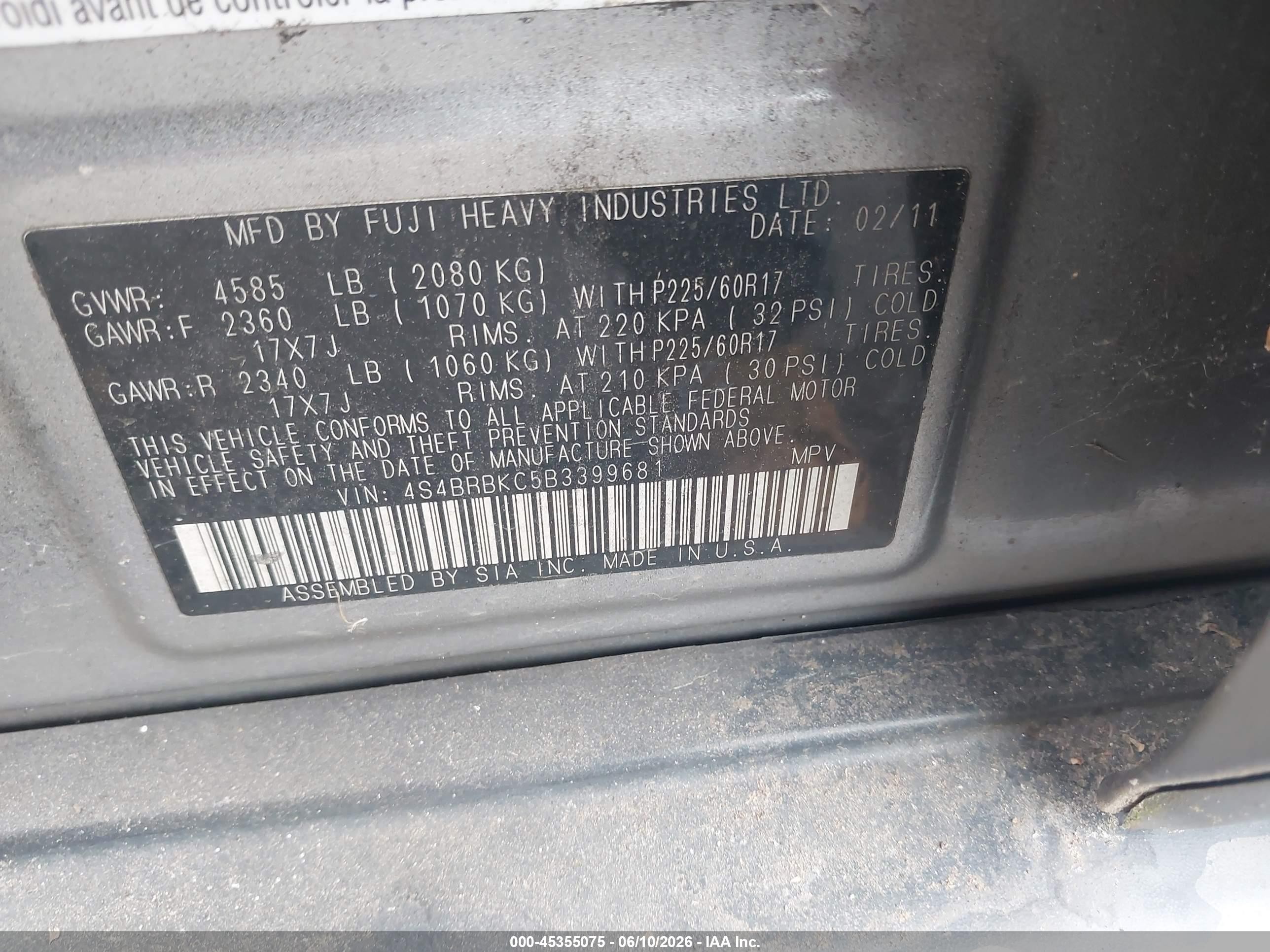 2011 Subaru Outback 2.5i Limited Gray vin: 4S4BRBKC5B3399681