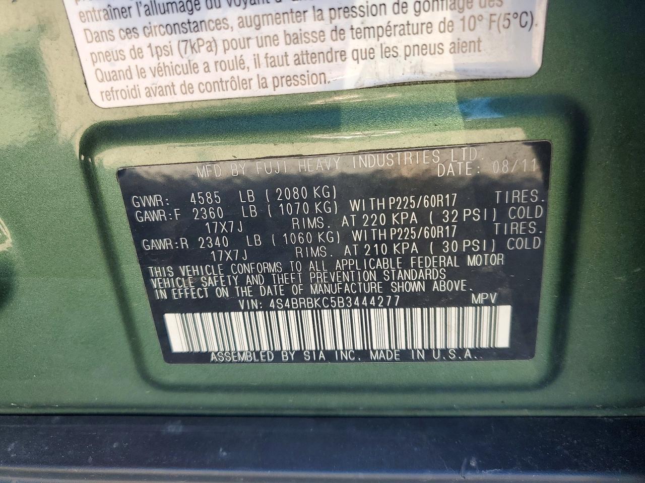 2011 Subaru Outback 2.5i Limited Green vin: 4S4BRBKC5B3444277