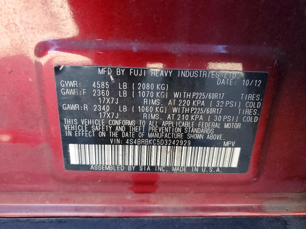 2013 Subaru Outback 2.5i Limited Red vin: 4S4BRBKC5D3242929