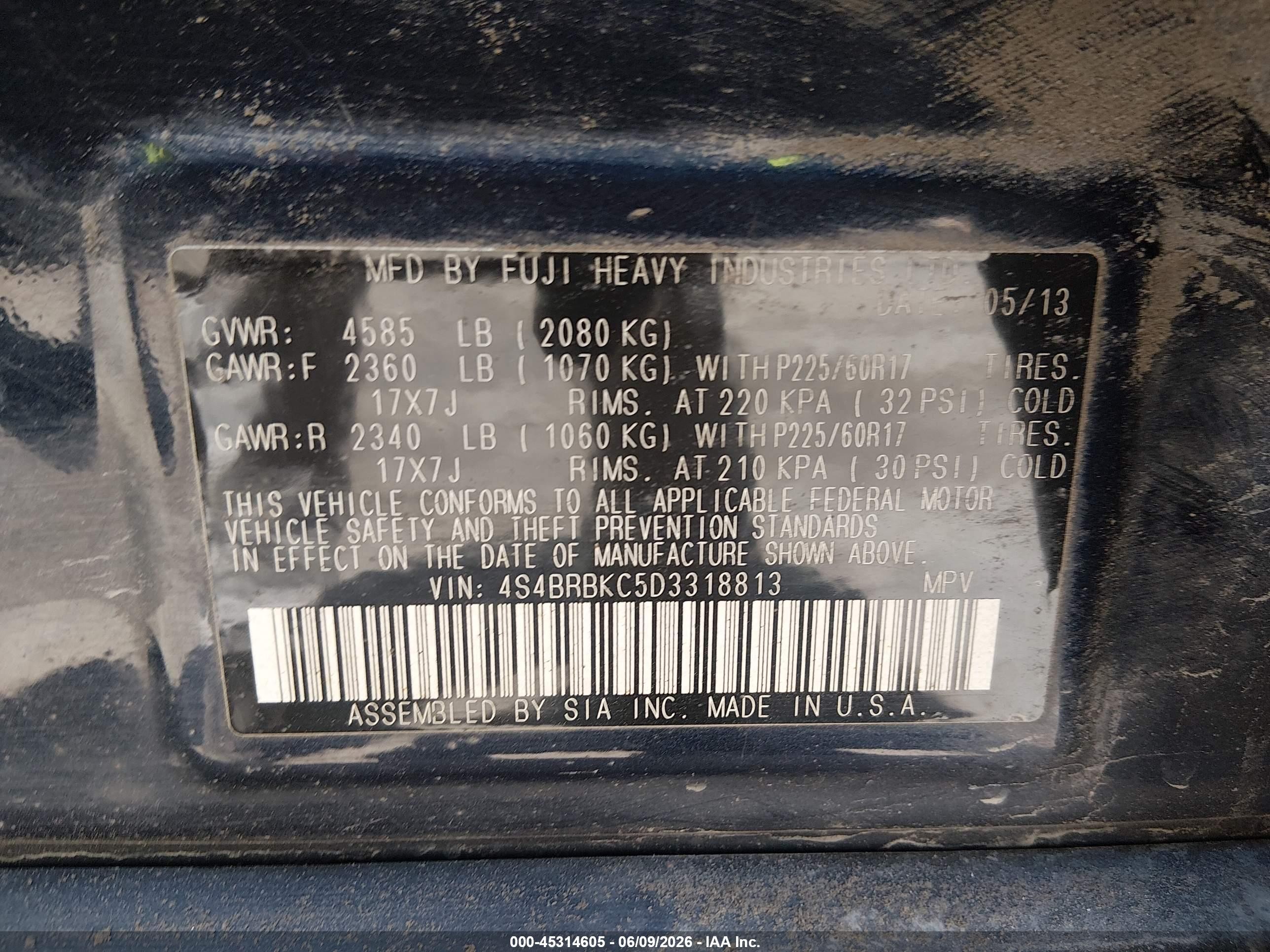 2013 Subaru Outback 2.5i Limited Dark Blue vin: 4S4BRBKC5D3318813