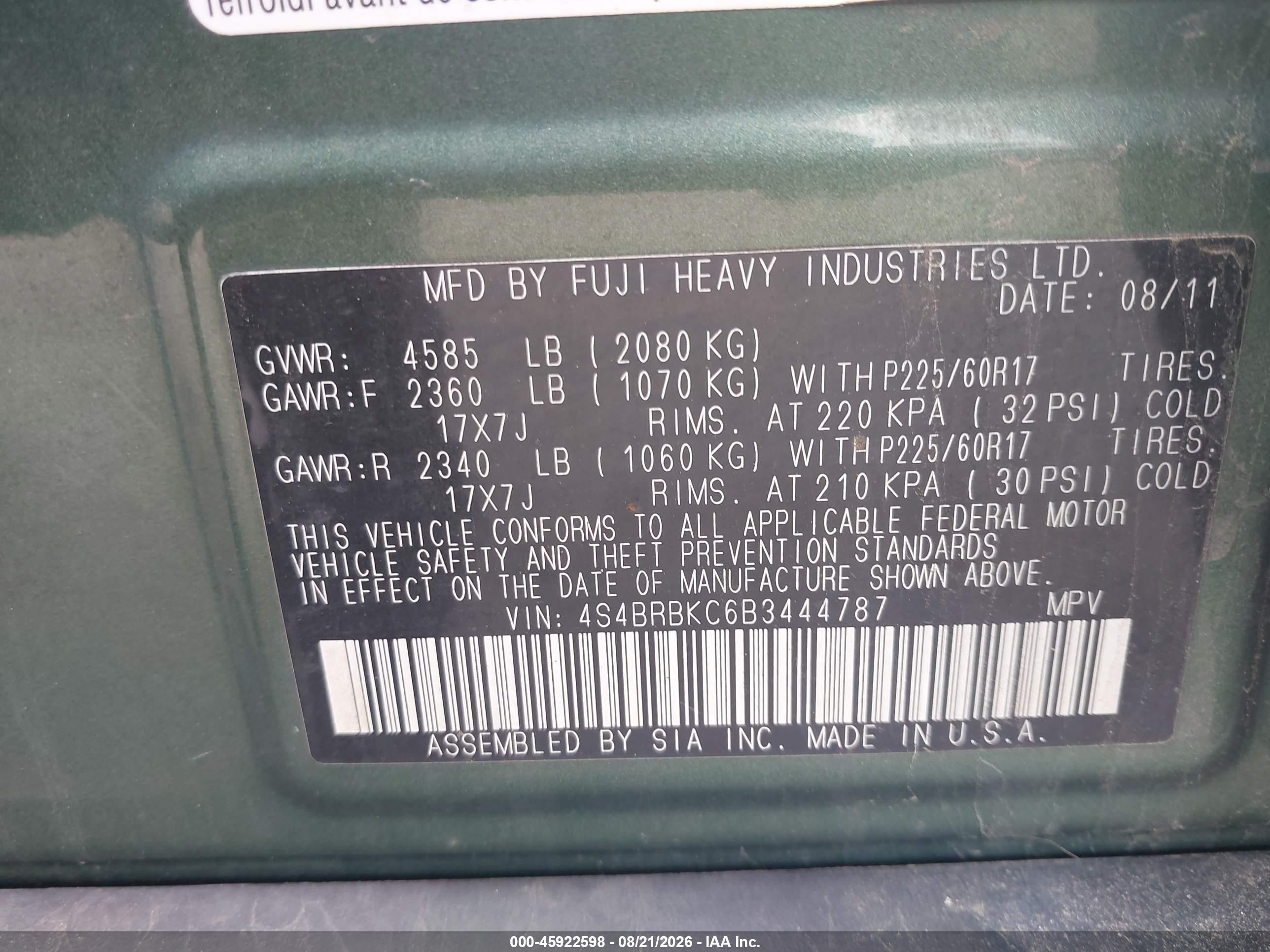 2011 Subaru Outback 2.5i Limited Green vin: 4S4BRBKC6B3444787