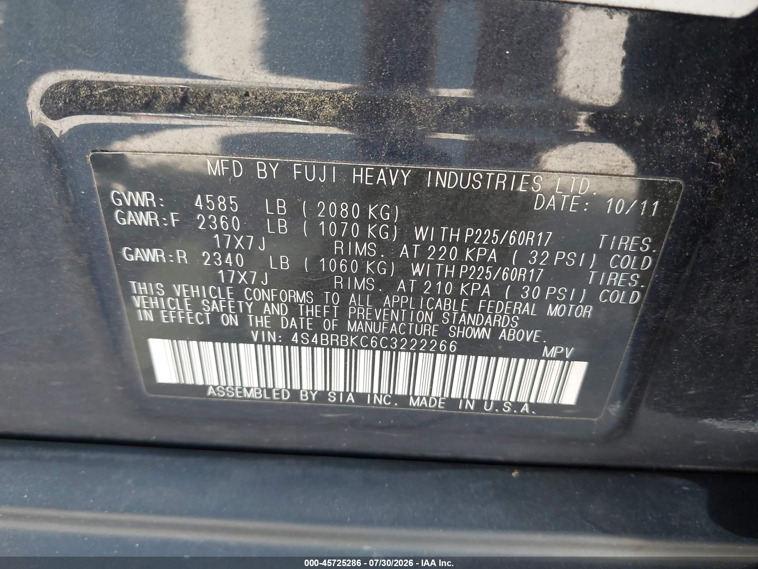 2012 Subaru Outback 2.5i Limited Blue vin: 4S4BRBKC6C3222266