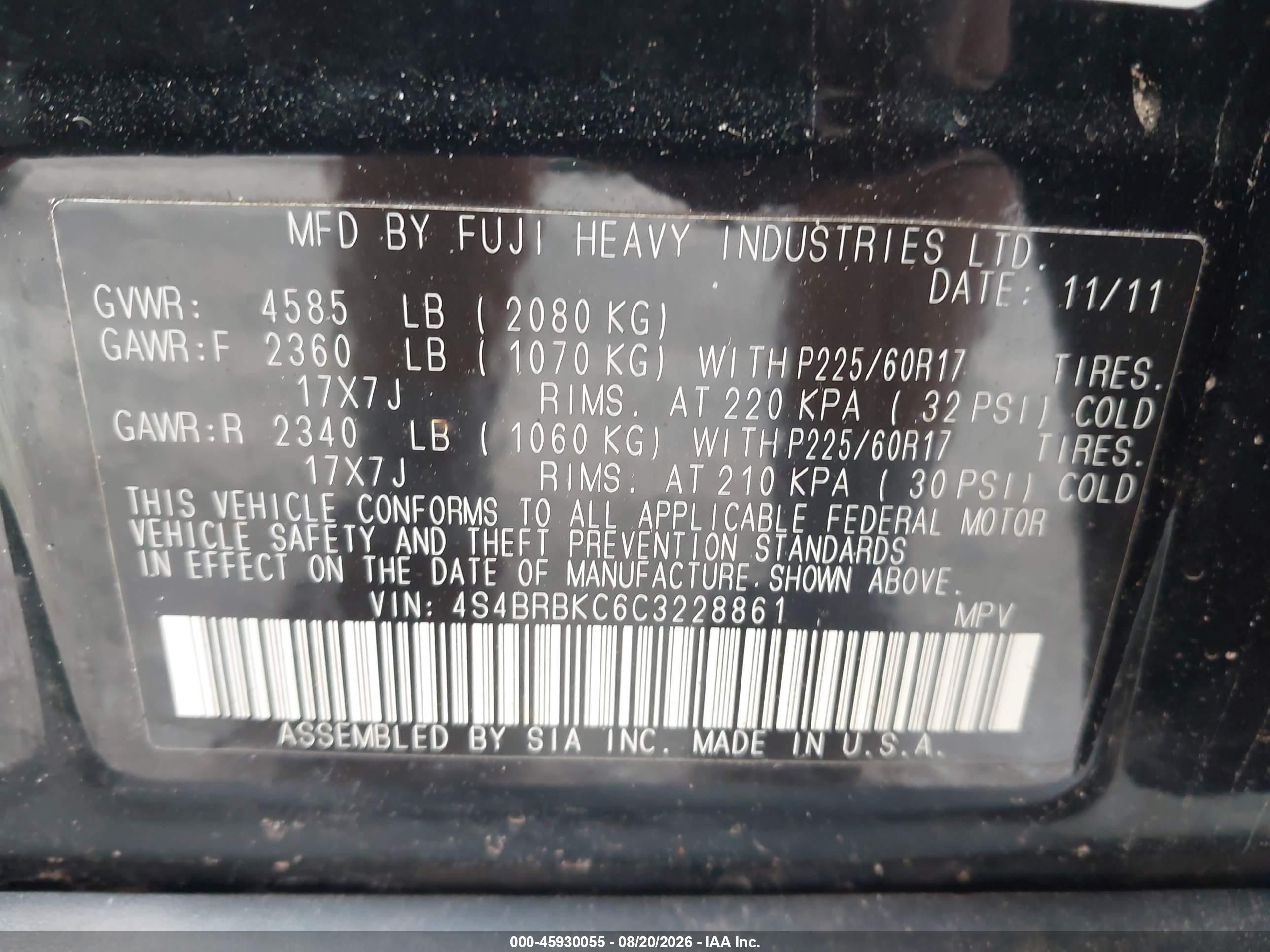 2012 Subaru Outback 2.5i Limited Black vin: 4S4BRBKC6C3228861