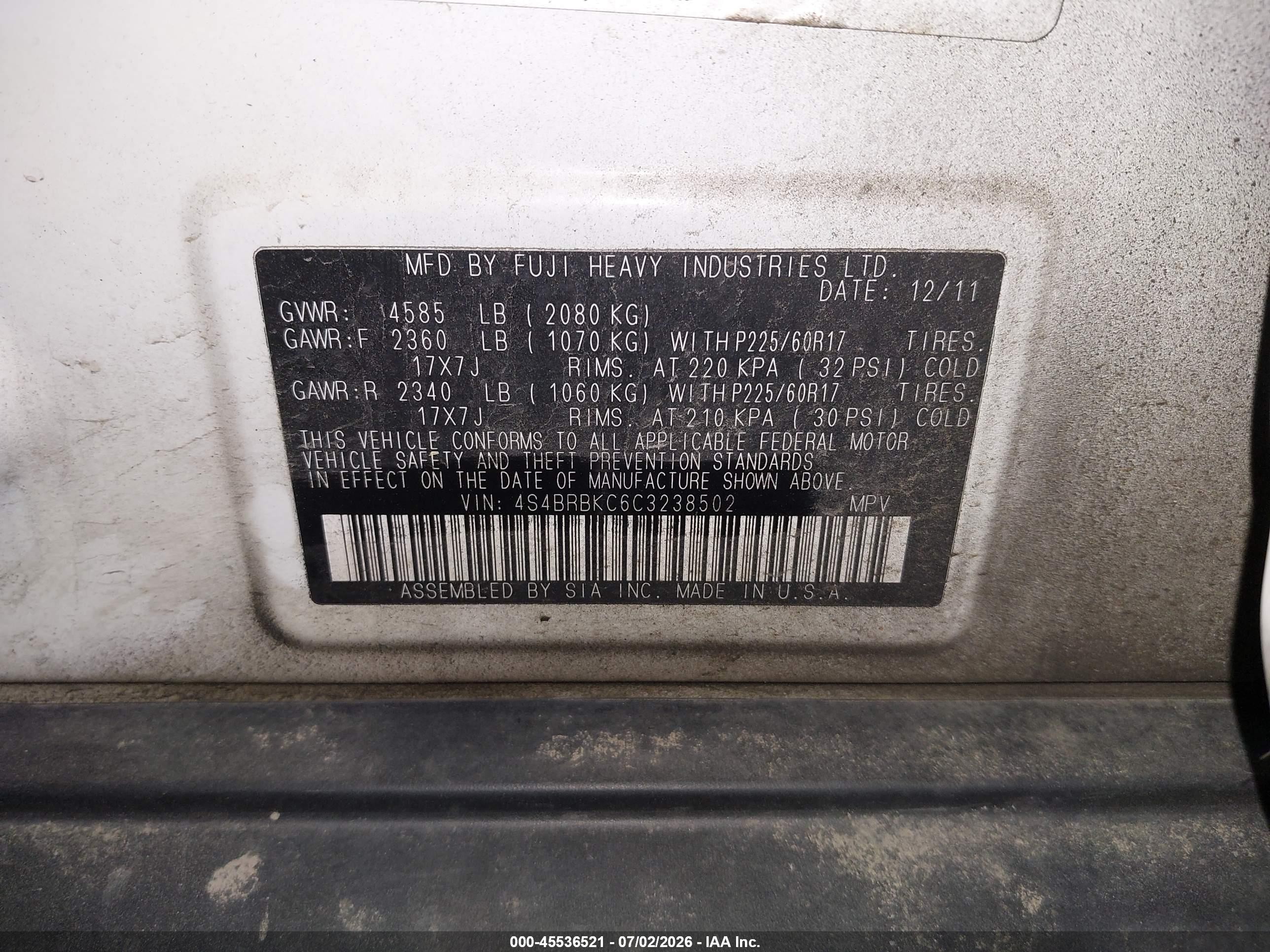 2012 Subaru Outback 2.5i Limited White vin: 4S4BRBKC6C3238502