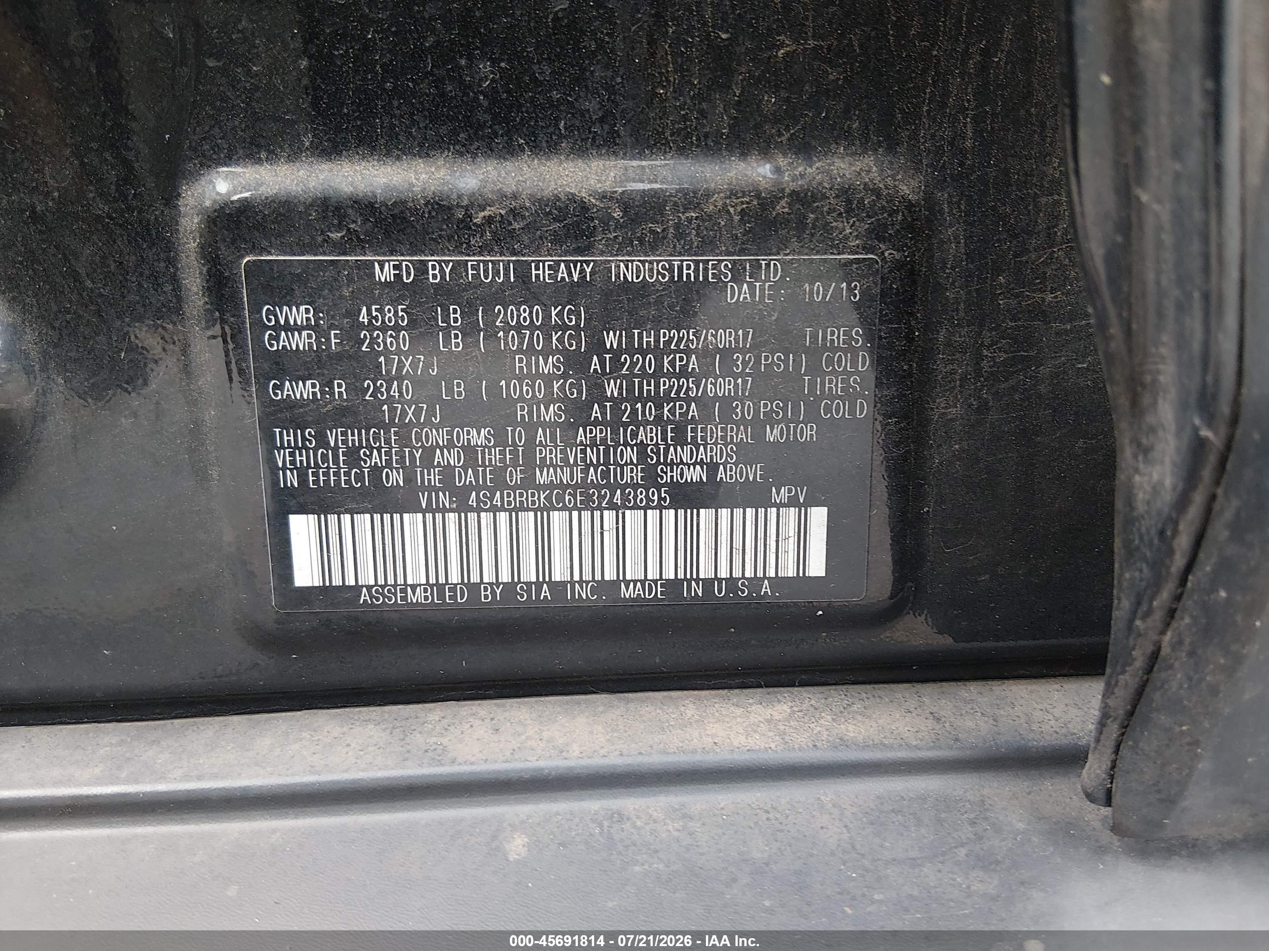 2014 Subaru Outback 2.5i Limited Черный vin: 4S4BRBKC6E3243895