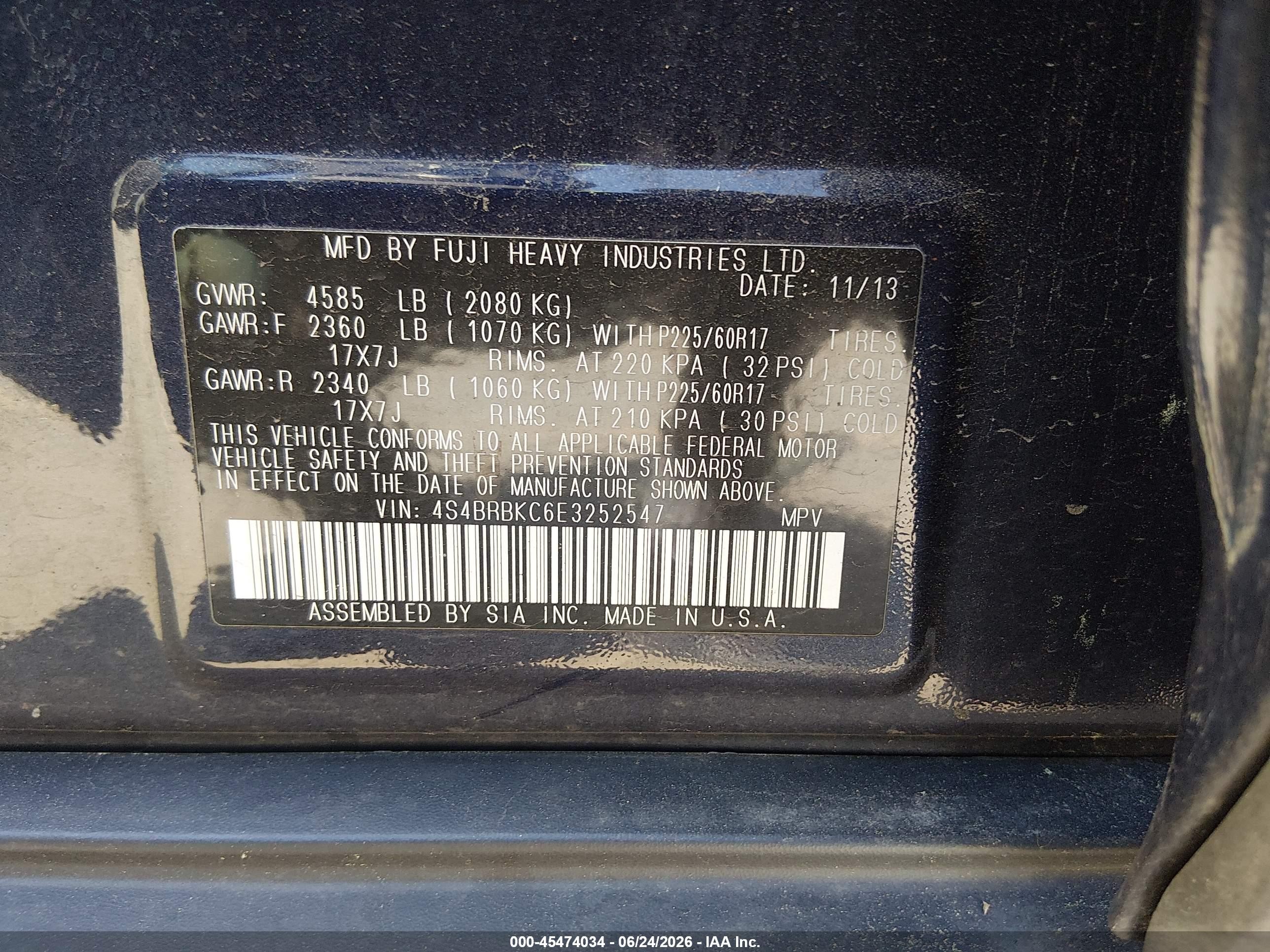 2014 Subaru Outback 2.5i Limited Blue vin: 4S4BRBKC6E3252547