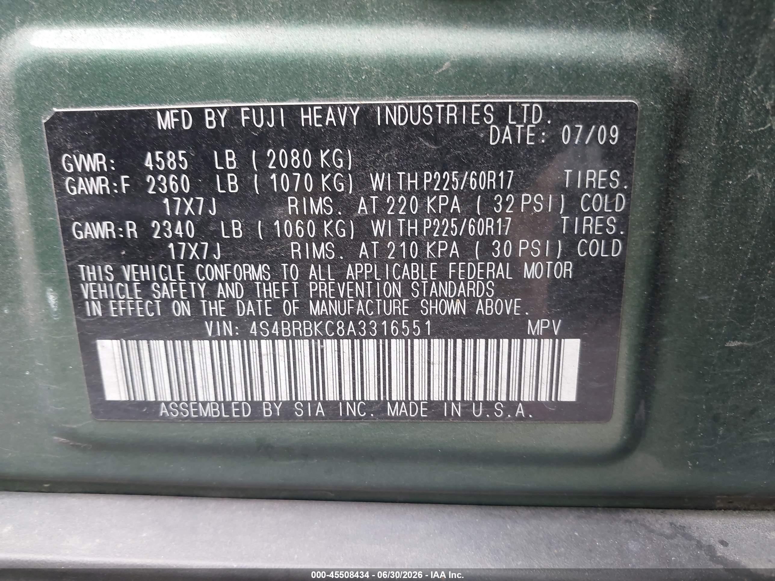 2010 Subaru Outback 2.5i Limited Green vin: 4S4BRBKC8A3316551