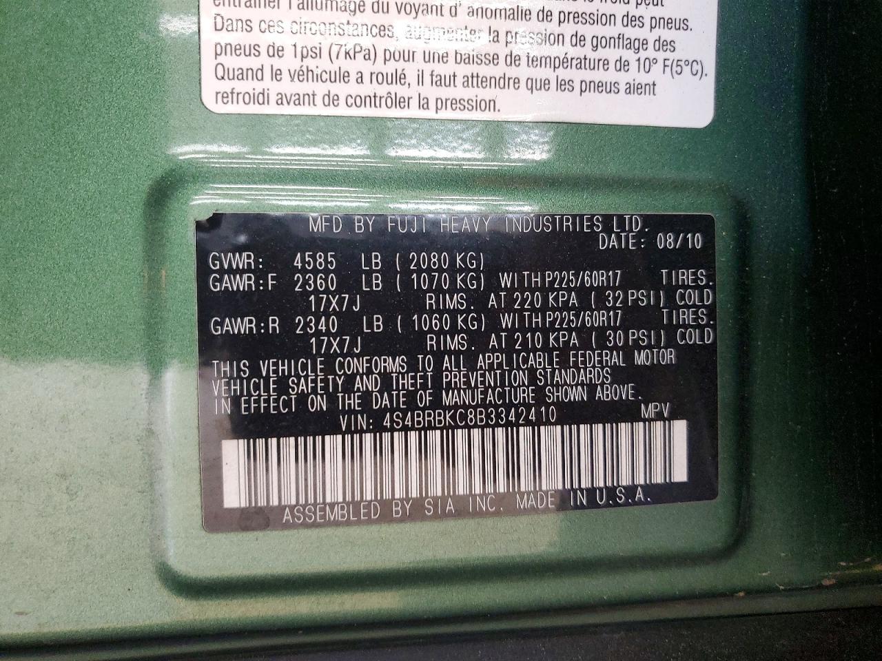 2011 Subaru Outback 2.5i Limited Green vin: 4S4BRBKC8B3342410