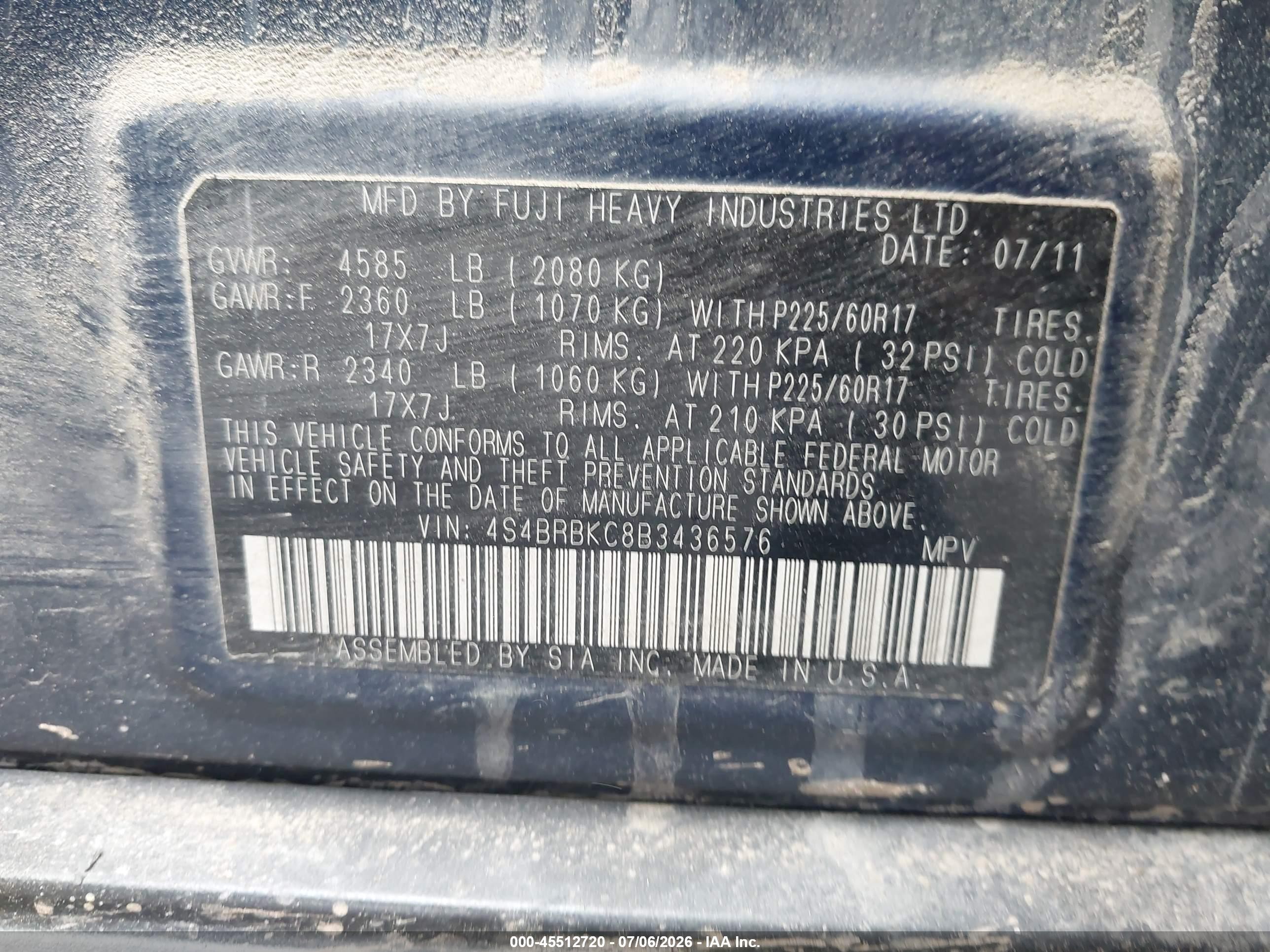 2011 Subaru Outback 2.5i Limited Blue vin: 4S4BRBKC8B3436576