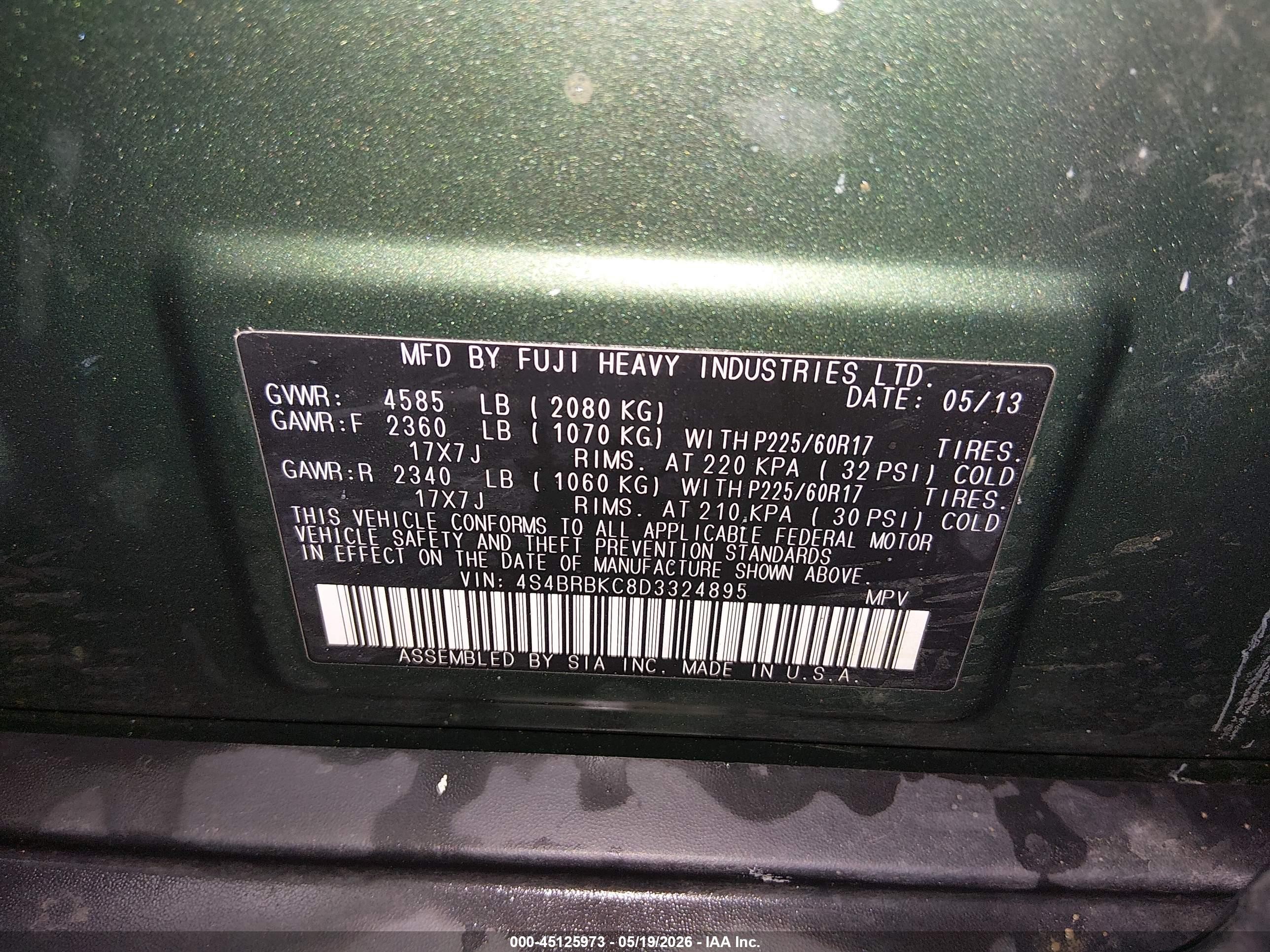 2013 Subaru Outback 2.5i Limited Green vin: 4S4BRBKC8D3324895