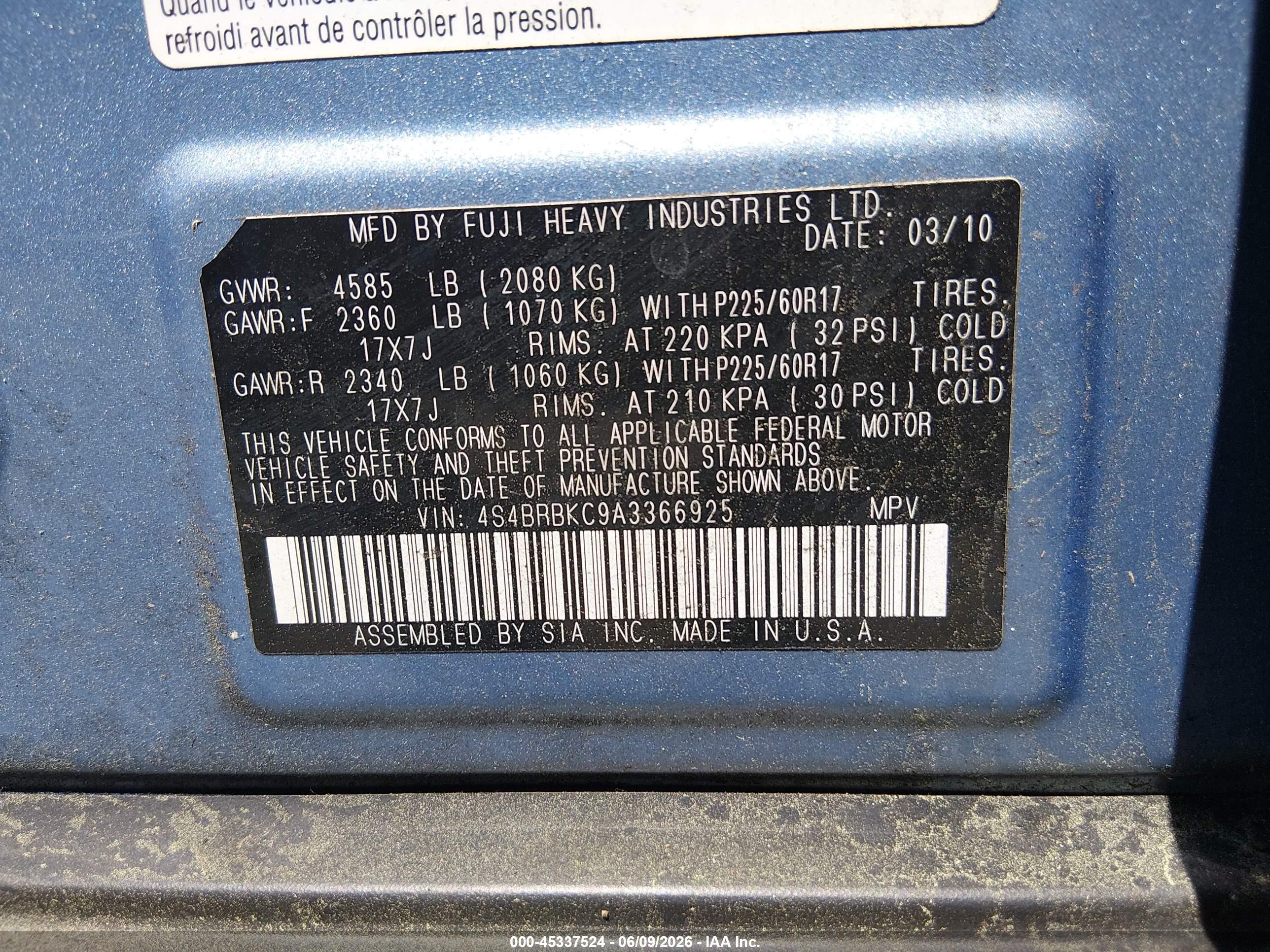 2010 Subaru Outback 2.5i Limited Blue vin: 4S4BRBKC9A3366925