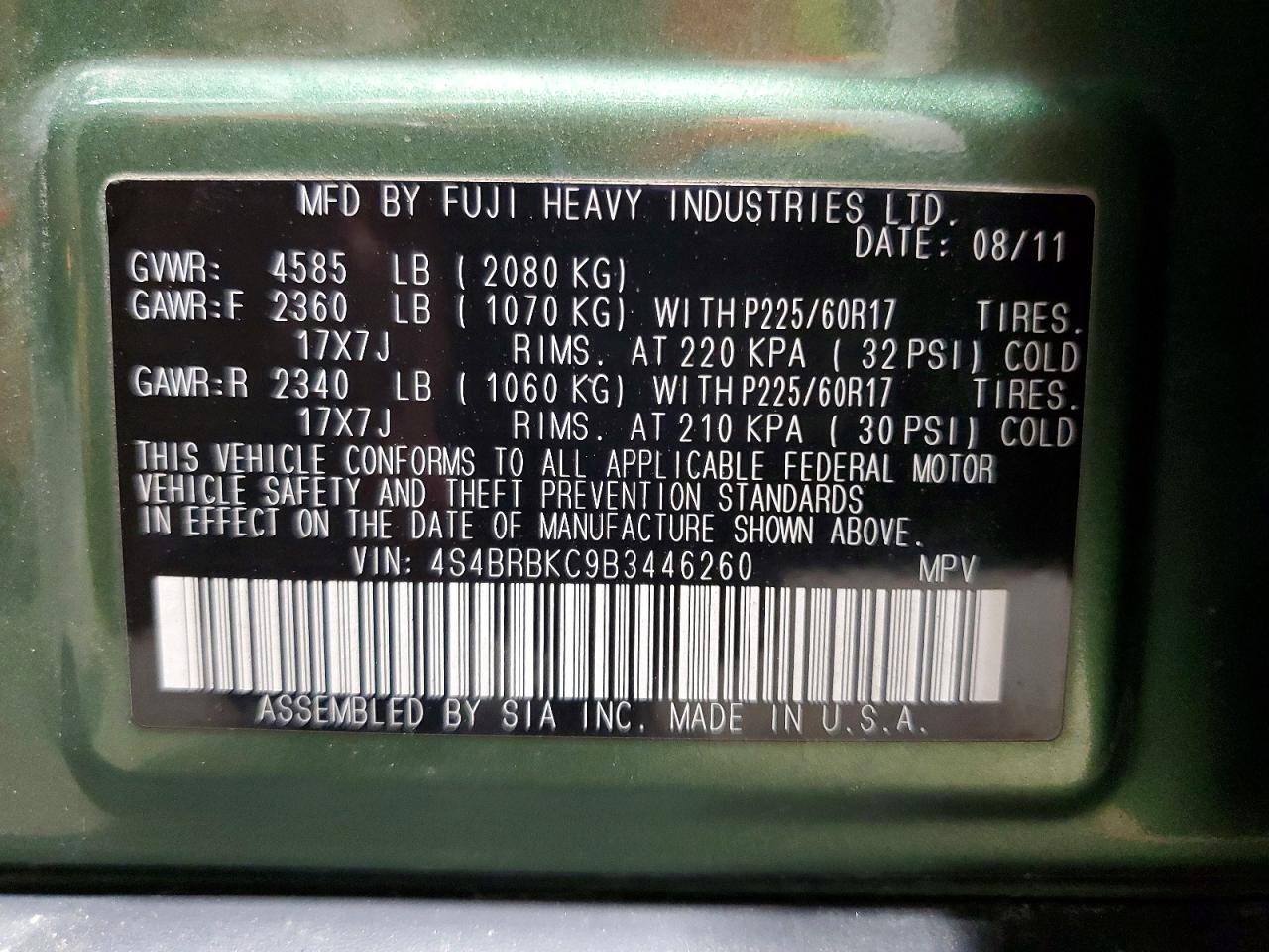2011 Subaru Outback 2.5i Limited Green vin: 4S4BRBKC9B3446260
