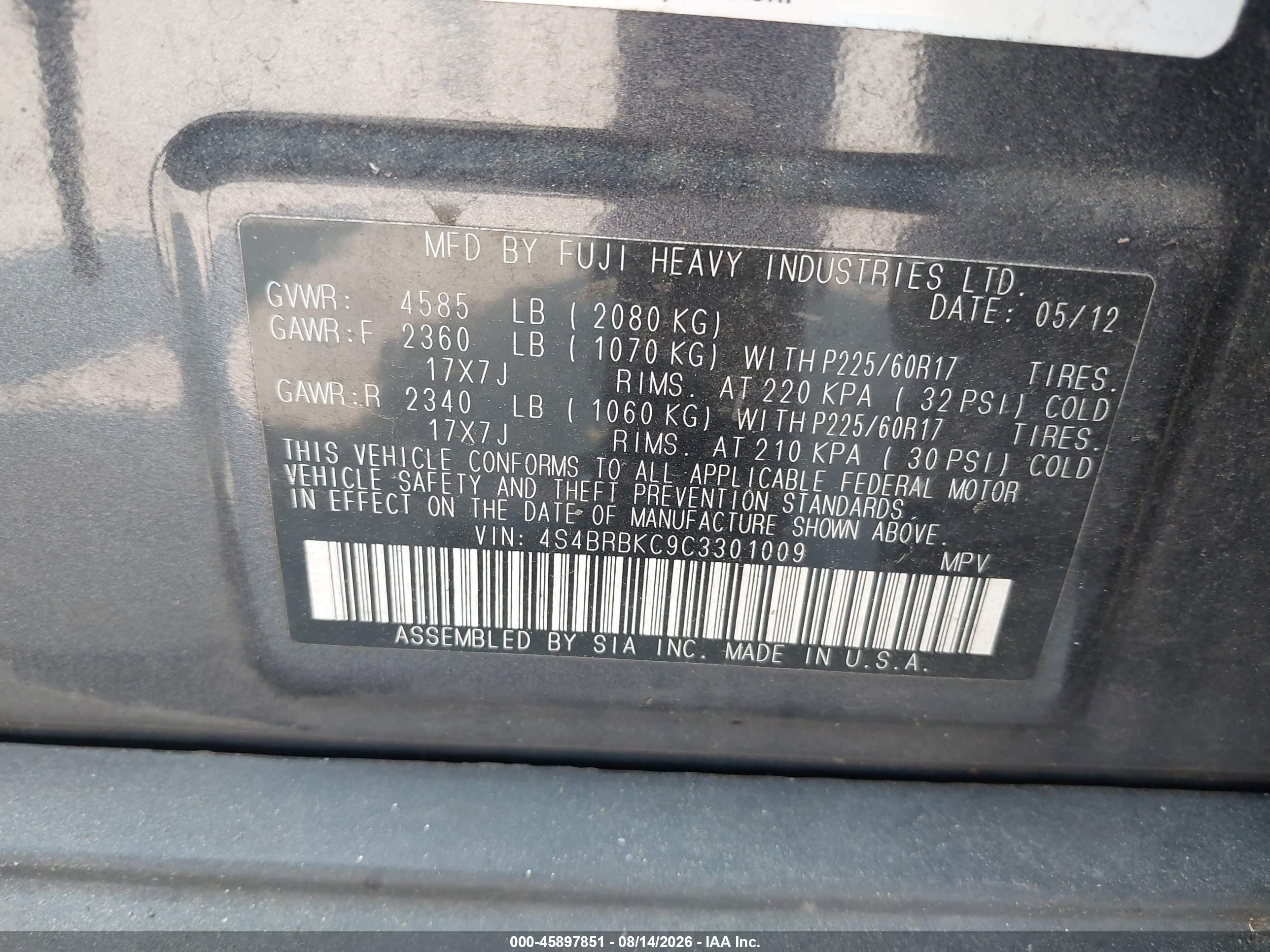 2012 Subaru Outback 2.5i Limited Gray vin: 4S4BRBKC9C3301009