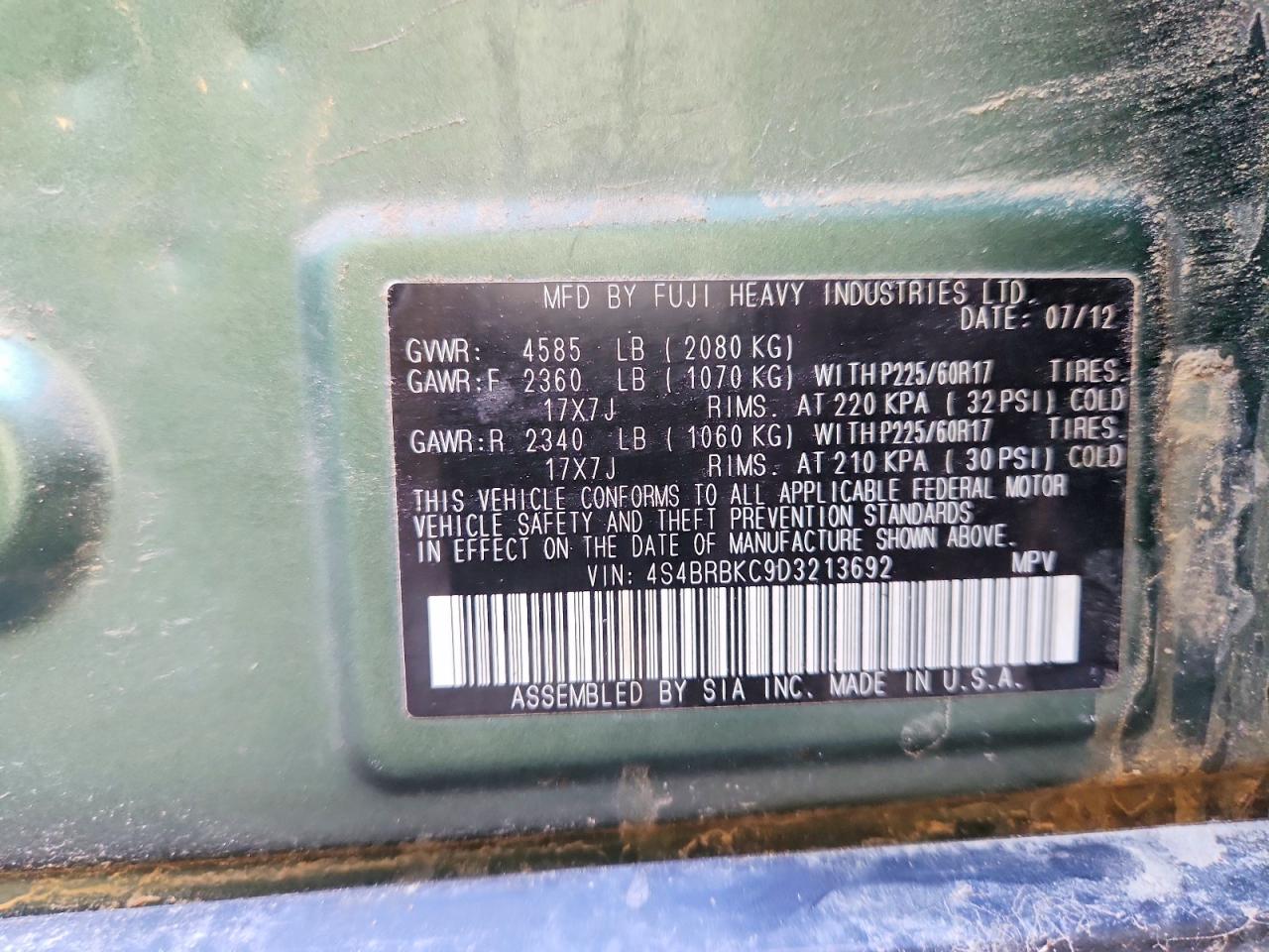 2013 Subaru Outback 2.5i Limited Green vin: 4S4BRBKC9D3213692