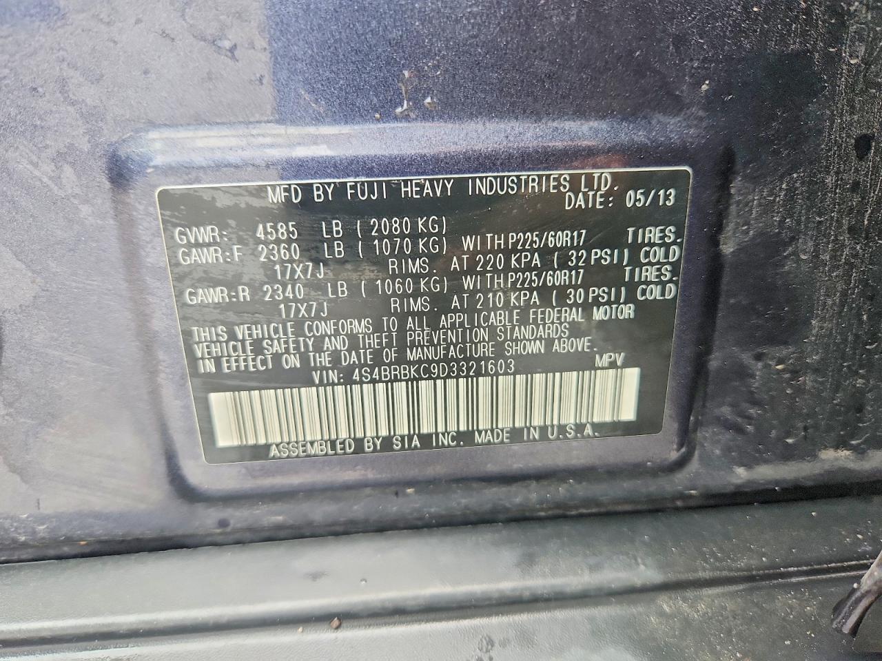2013 Subaru Outback 2.5i Limited Gray vin: 4S4BRBKC9D3321603