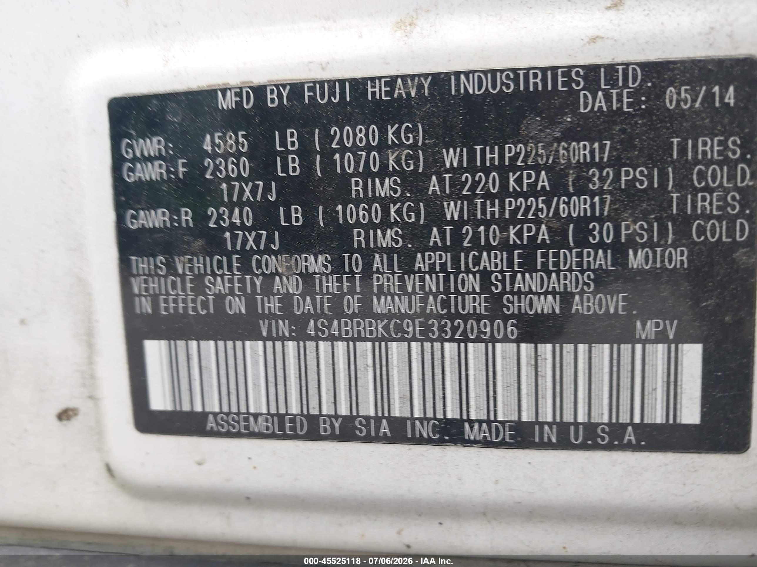 2014 Subaru Outback 2.5i Limited White vin: 4S4BRBKC9E3320906