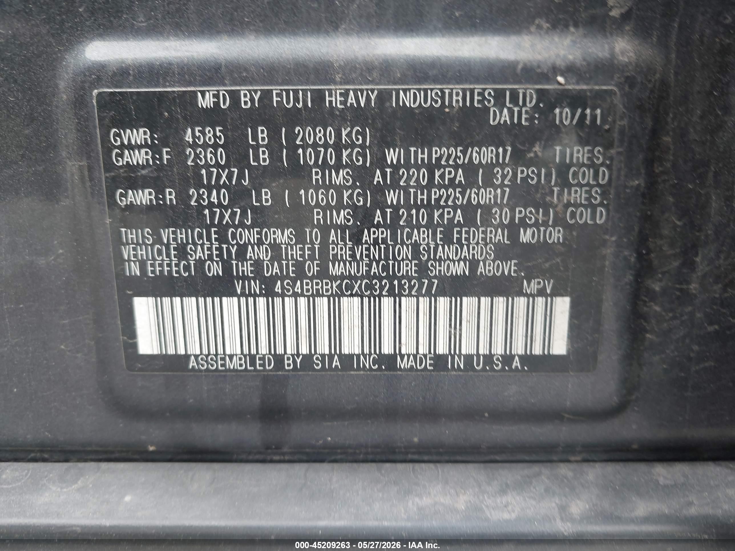 2012 Subaru Outback 2.5i Limited Gray vin: 4S4BRBKCXC3213277