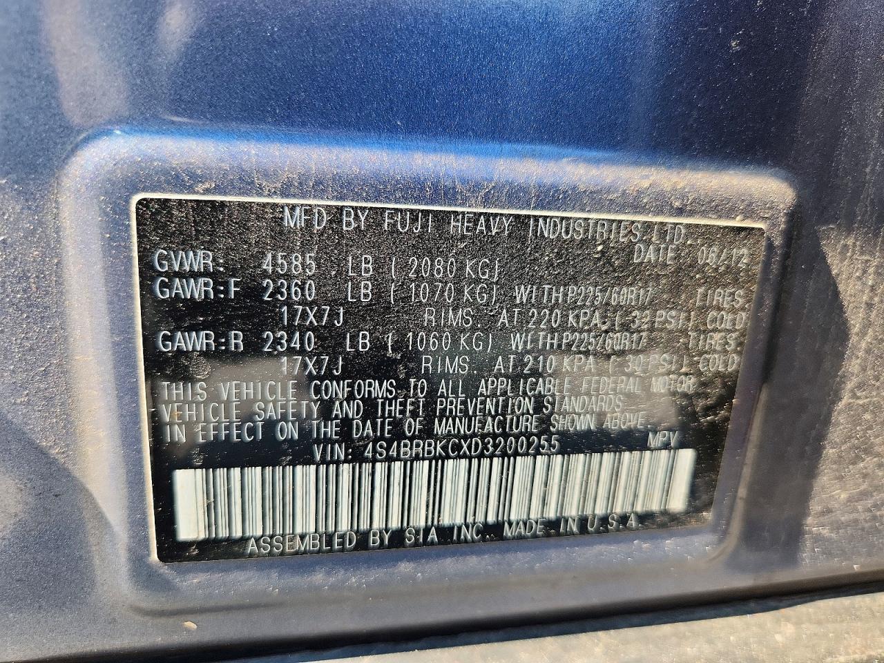 2013 Subaru Outback 2.5i Limited Blue vin: 4S4BRBKCXD3200255
