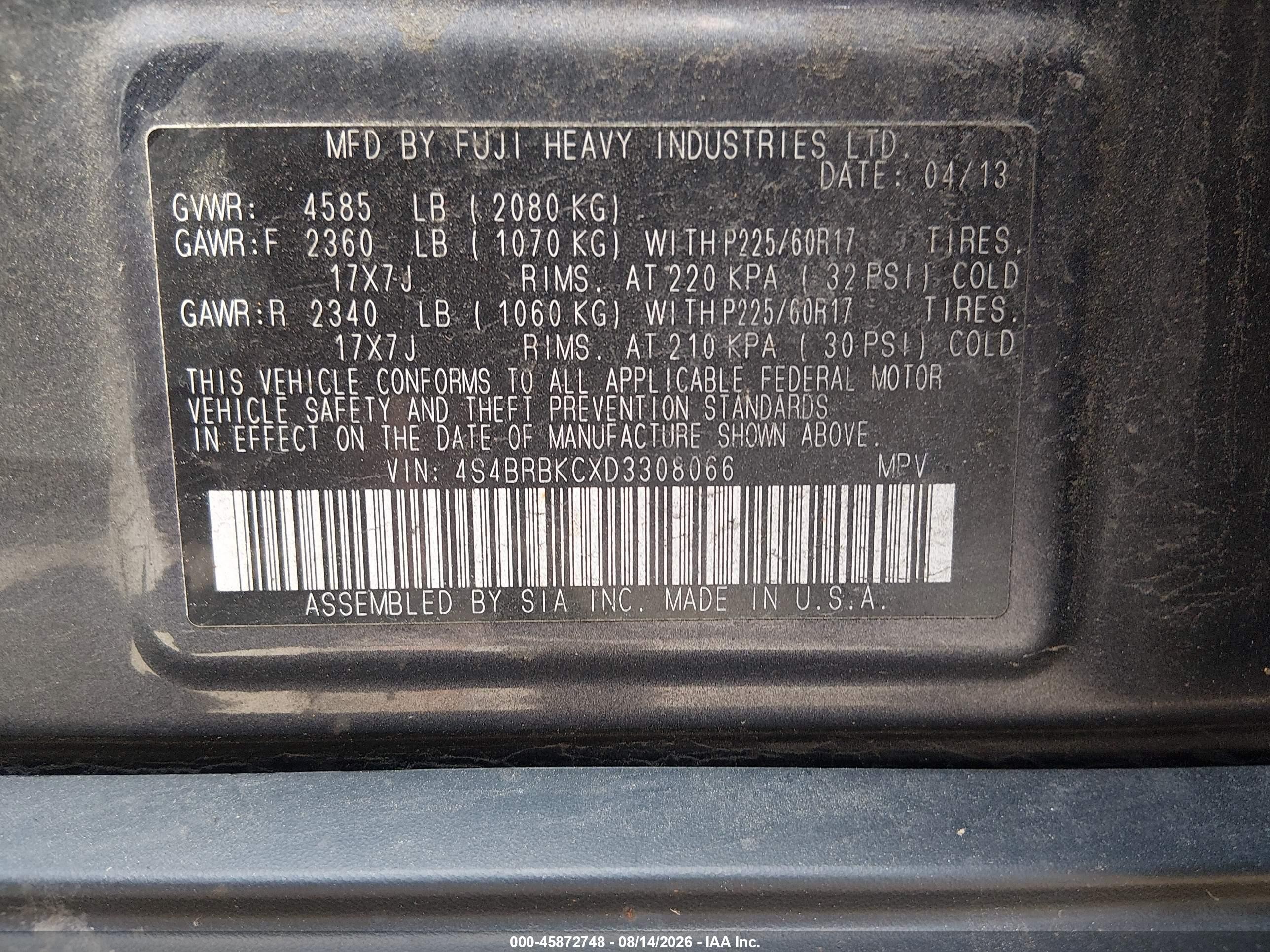 2013 Subaru Outback 2.5i Limited Gray vin: 4S4BRBKCXD3308066