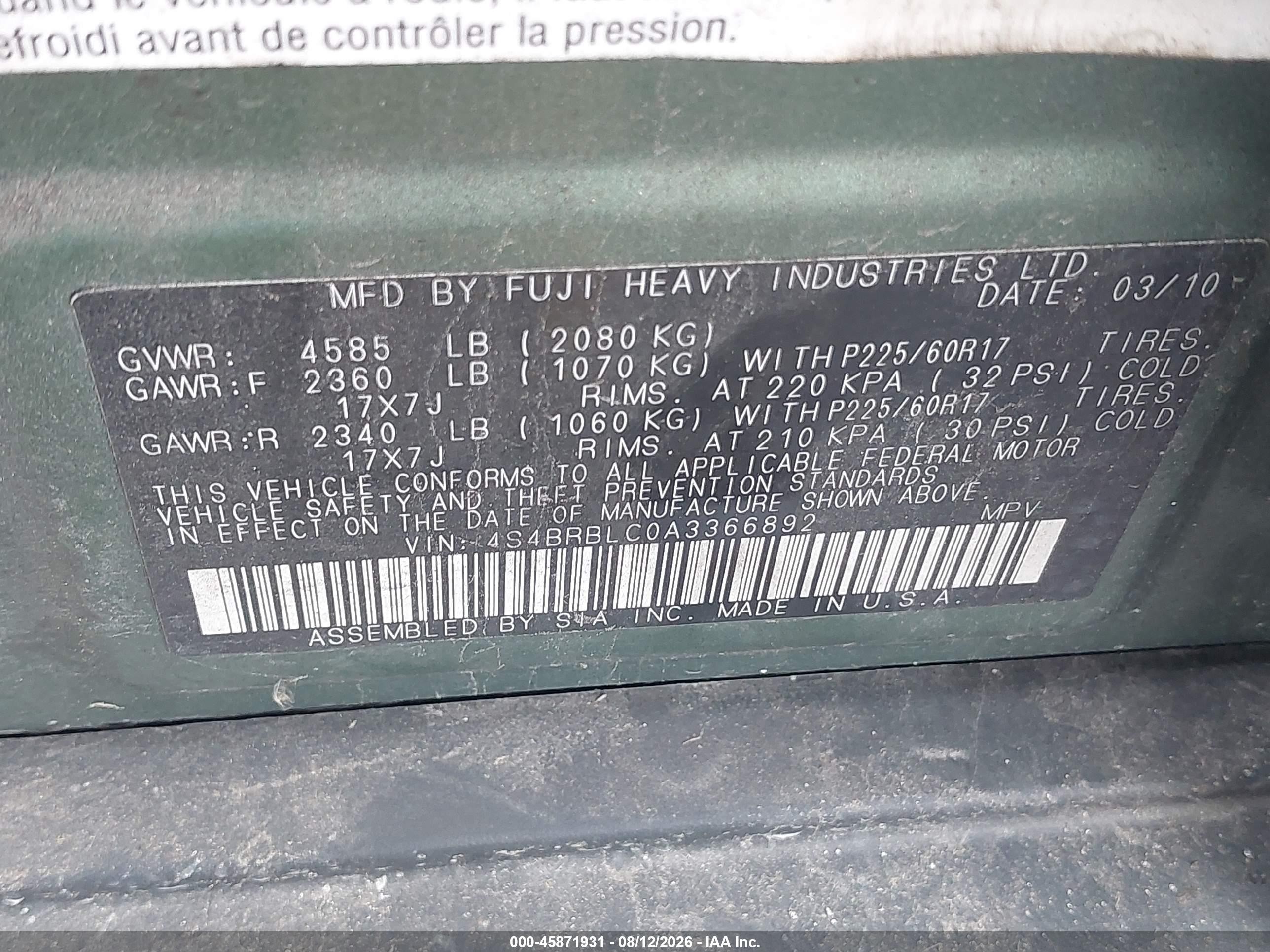 2010 Subaru Outback 2.5i Limited Green vin: 4S4BRBLC0A3366892