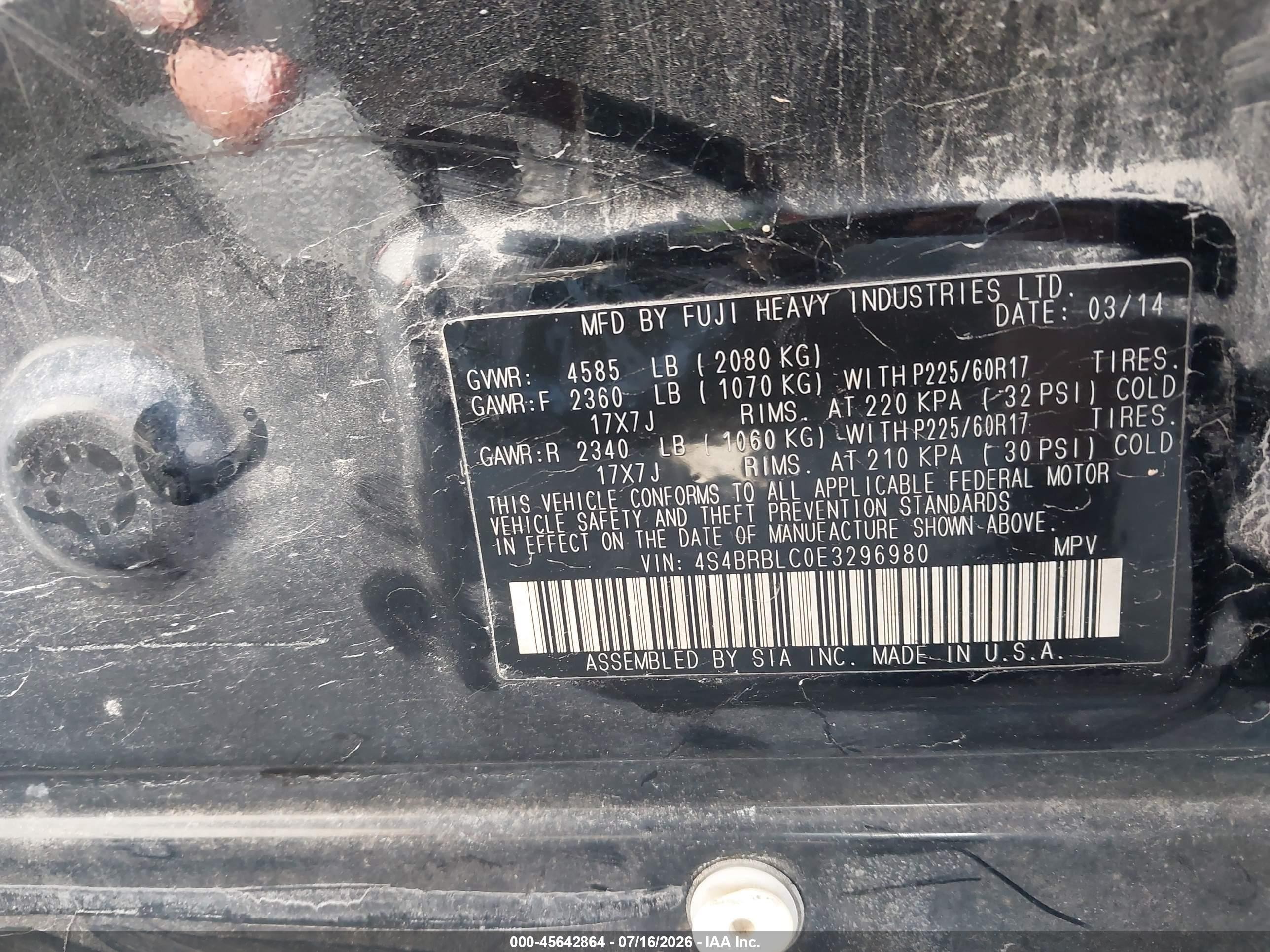 2014 Subaru Outback 2.5i Limited Black vin: 4S4BRBLC0E3296980