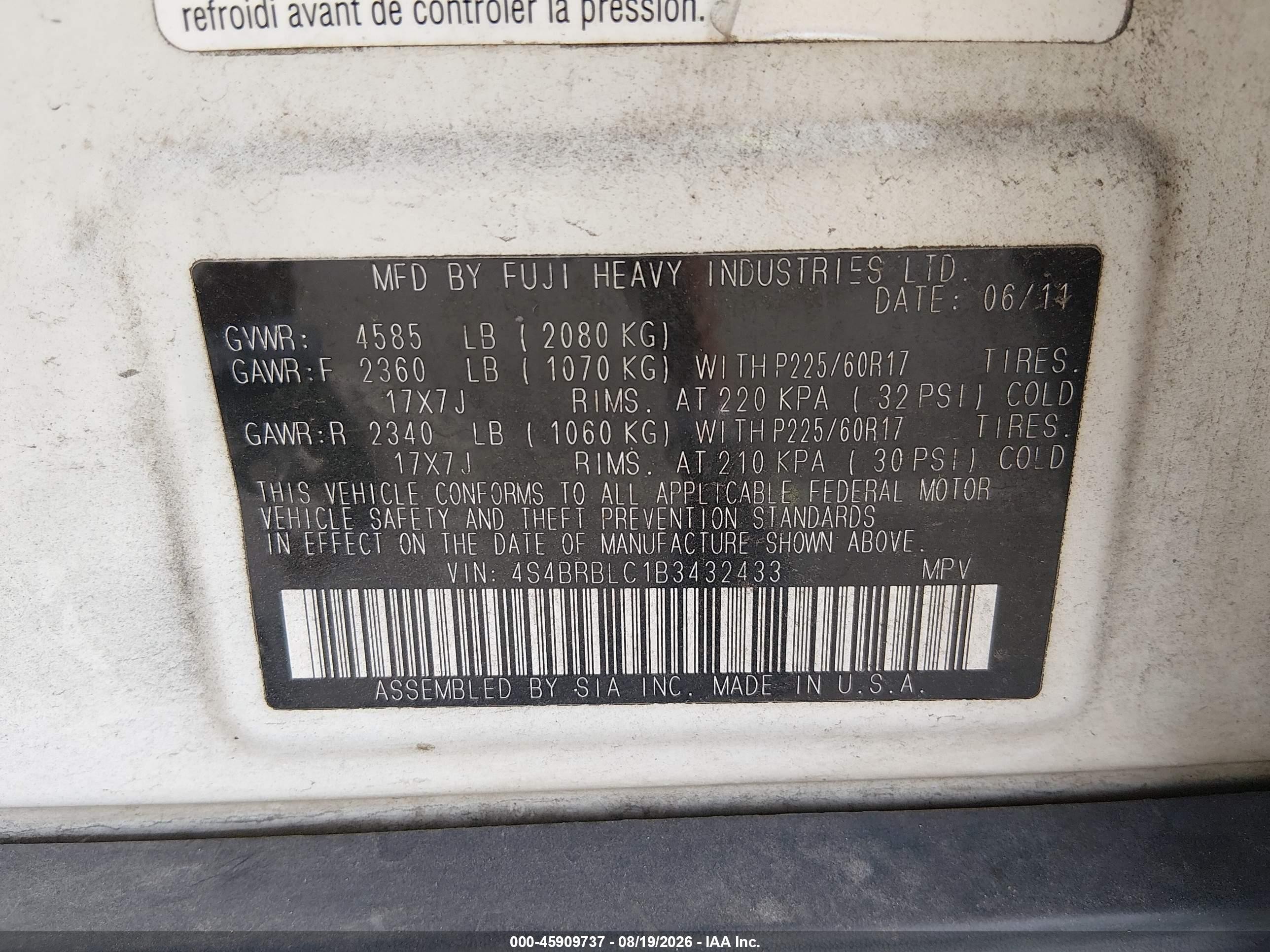 2011 Subaru Outback 2.5i Limited Серебряный vin: 4S4BRBLC1B3432433