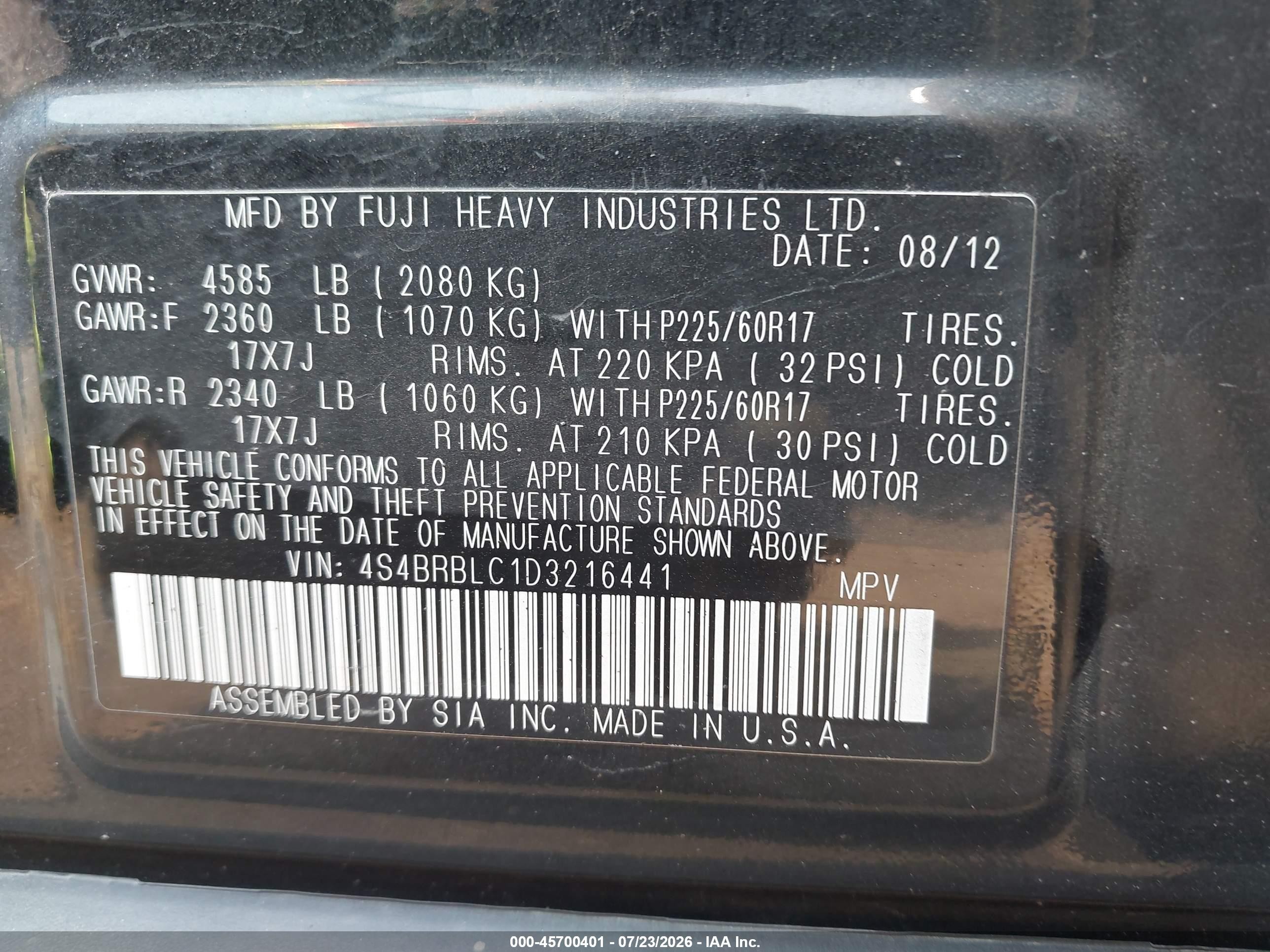 2013 Subaru Outback 2.5i Limited Black vin: 4S4BRBLC1D3216441