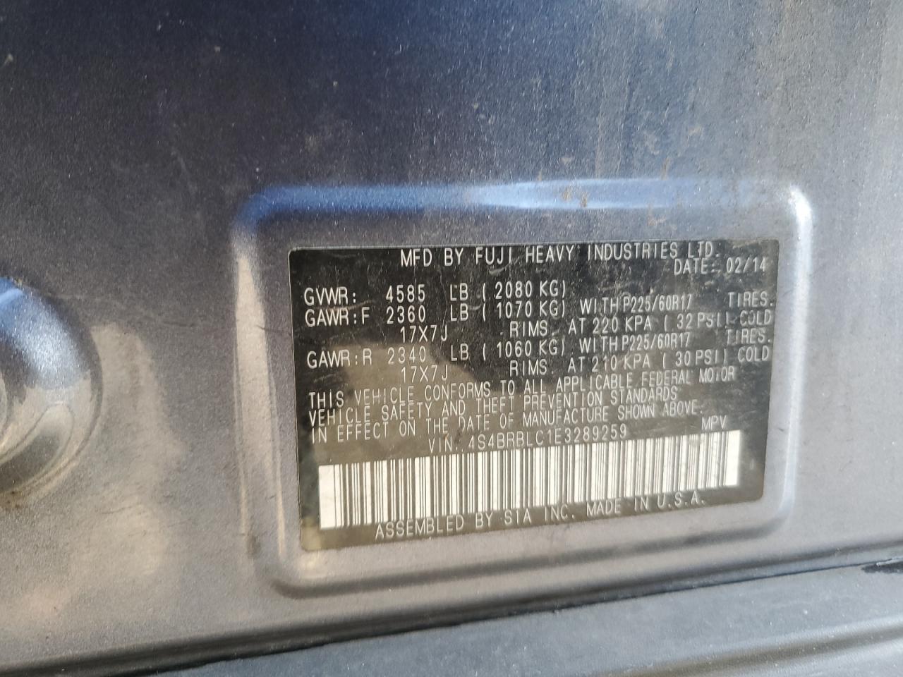 2014 Subaru Outback 2.5i Limited Gray vin: 4S4BRBLC1E3289259