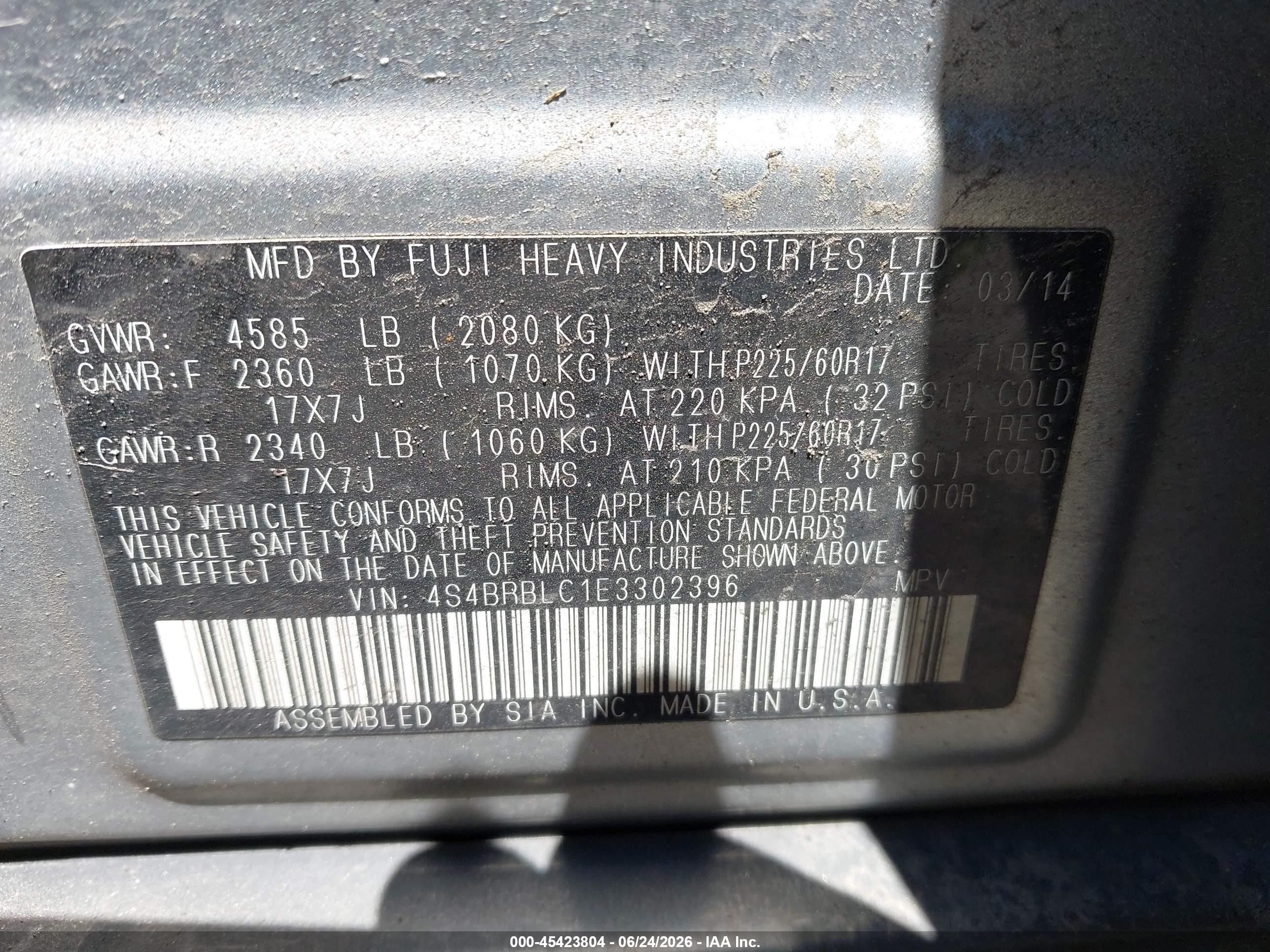 2014 Subaru Outback 2.5i Limited Light Blue vin: 4S4BRBLC1E3302396