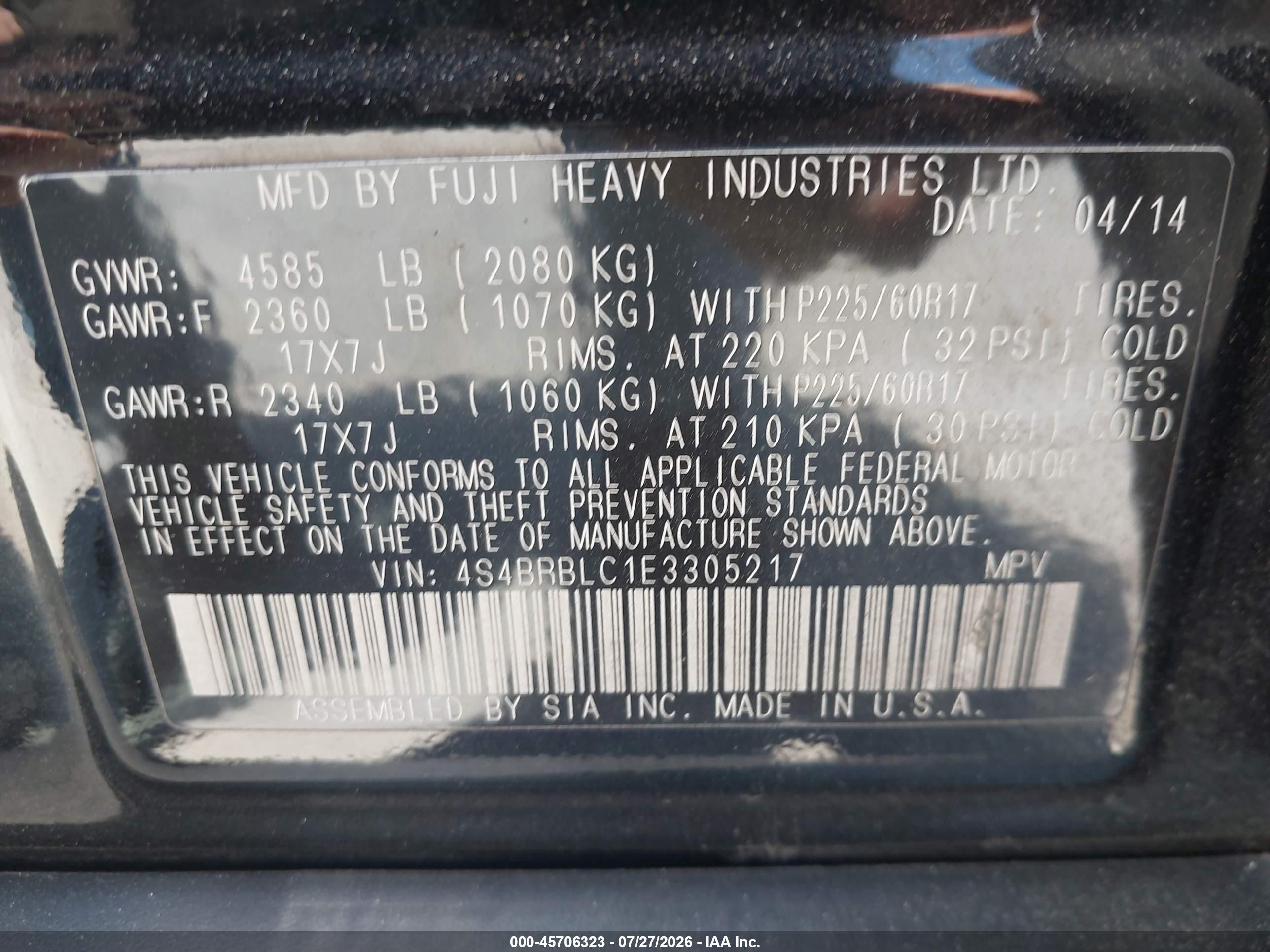 2014 Subaru Outback 2.5i Limited Black vin: 4S4BRBLC1E3305217