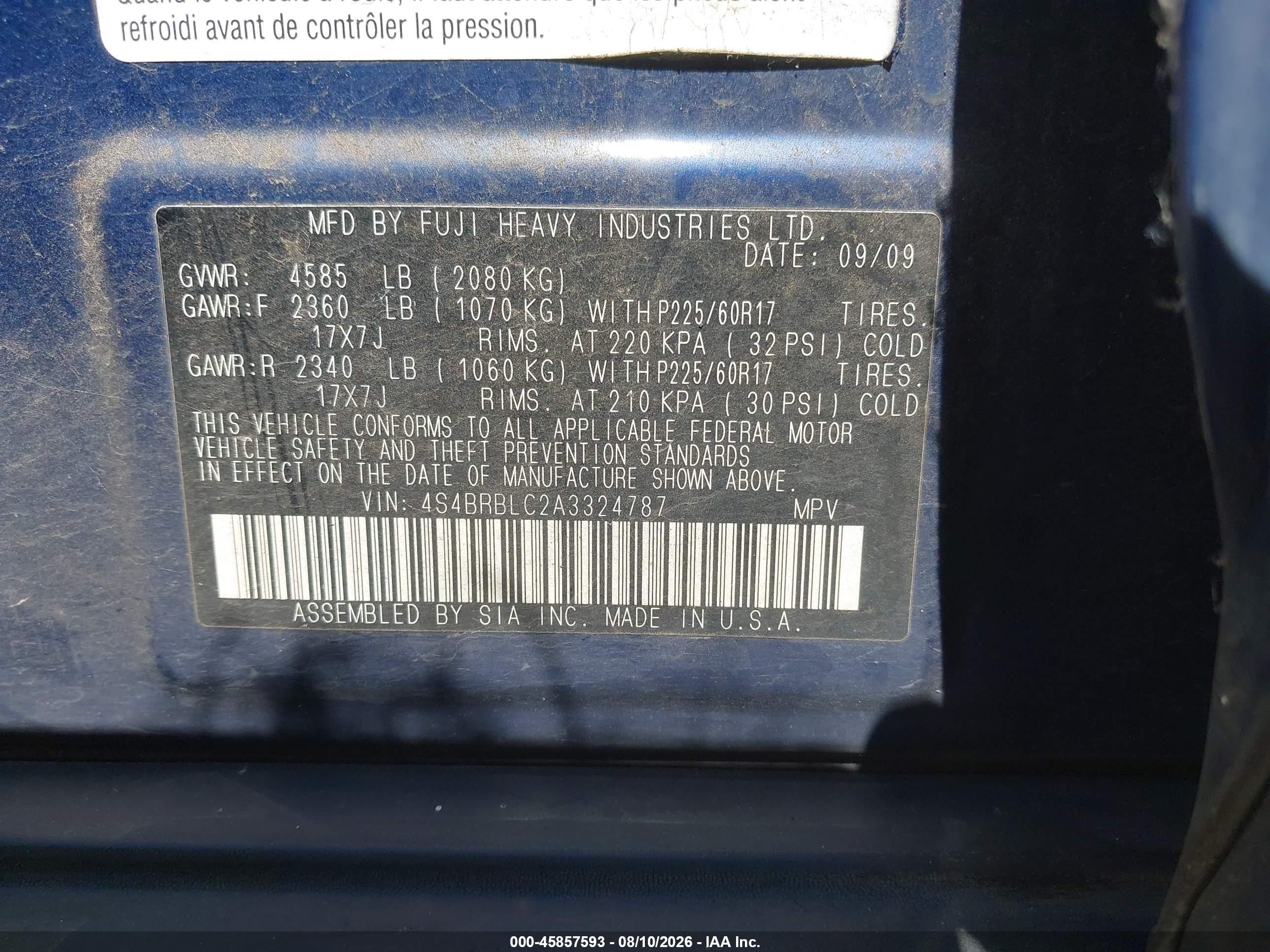 2010 Subaru Outback 2.5i Limited Blue vin: 4S4BRBLC2A3324787