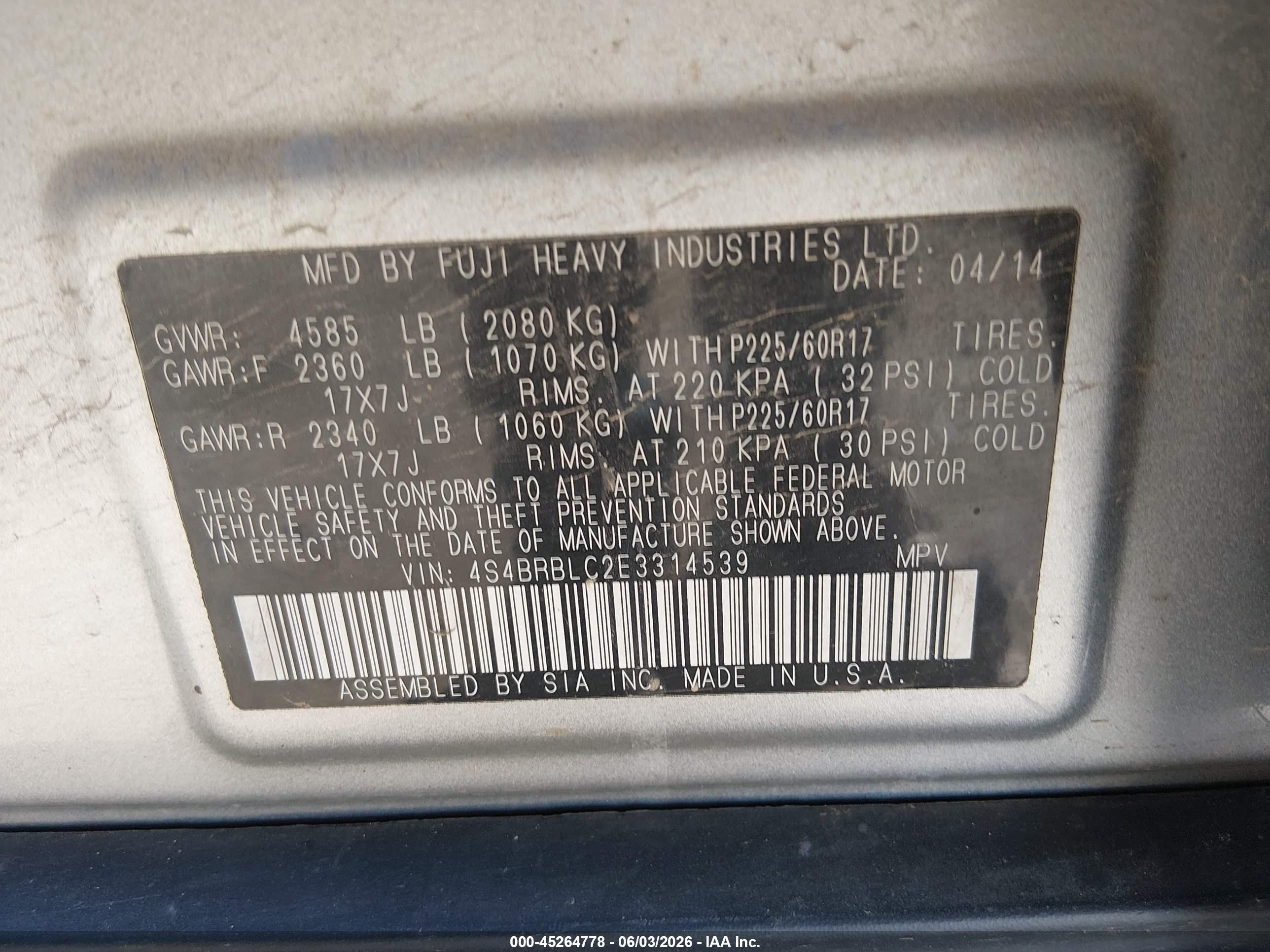 2014 Subaru Outback 2.5i Limited Silver vin: 4S4BRBLC2E3314539