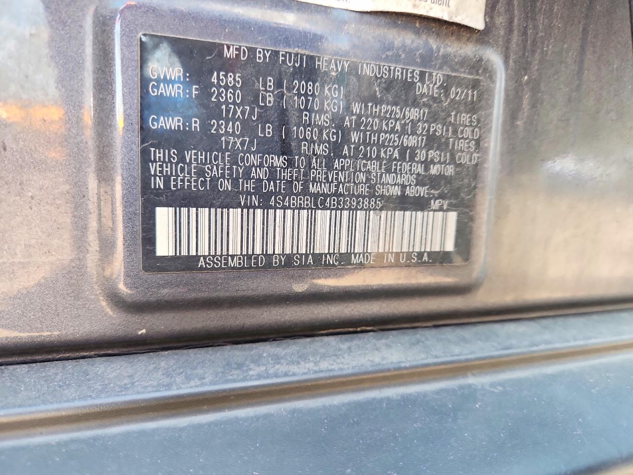 2011 Subaru Outback 2.5i Limited Угольный vin: 4S4BRBLC4B3393885