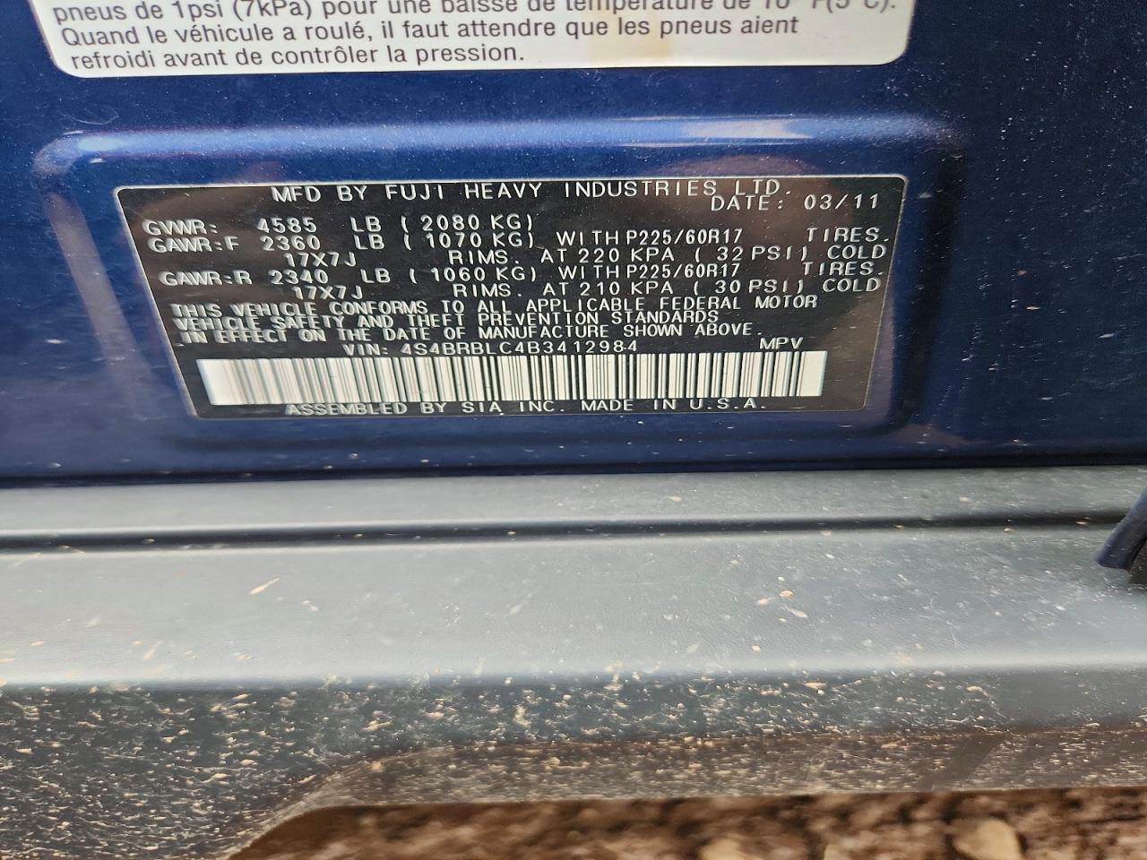2011 Subaru Outback 2.5i Limited Blue vin: 4S4BRBLC4B3412984