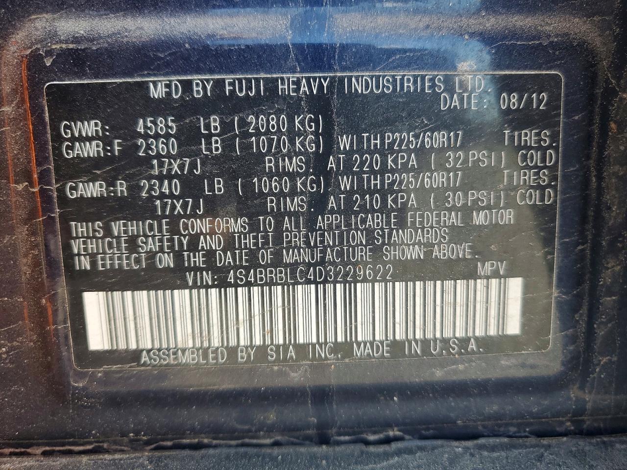 2013 Subaru Outback 2.5i Limited Blue vin: 4S4BRBLC4D3229622
