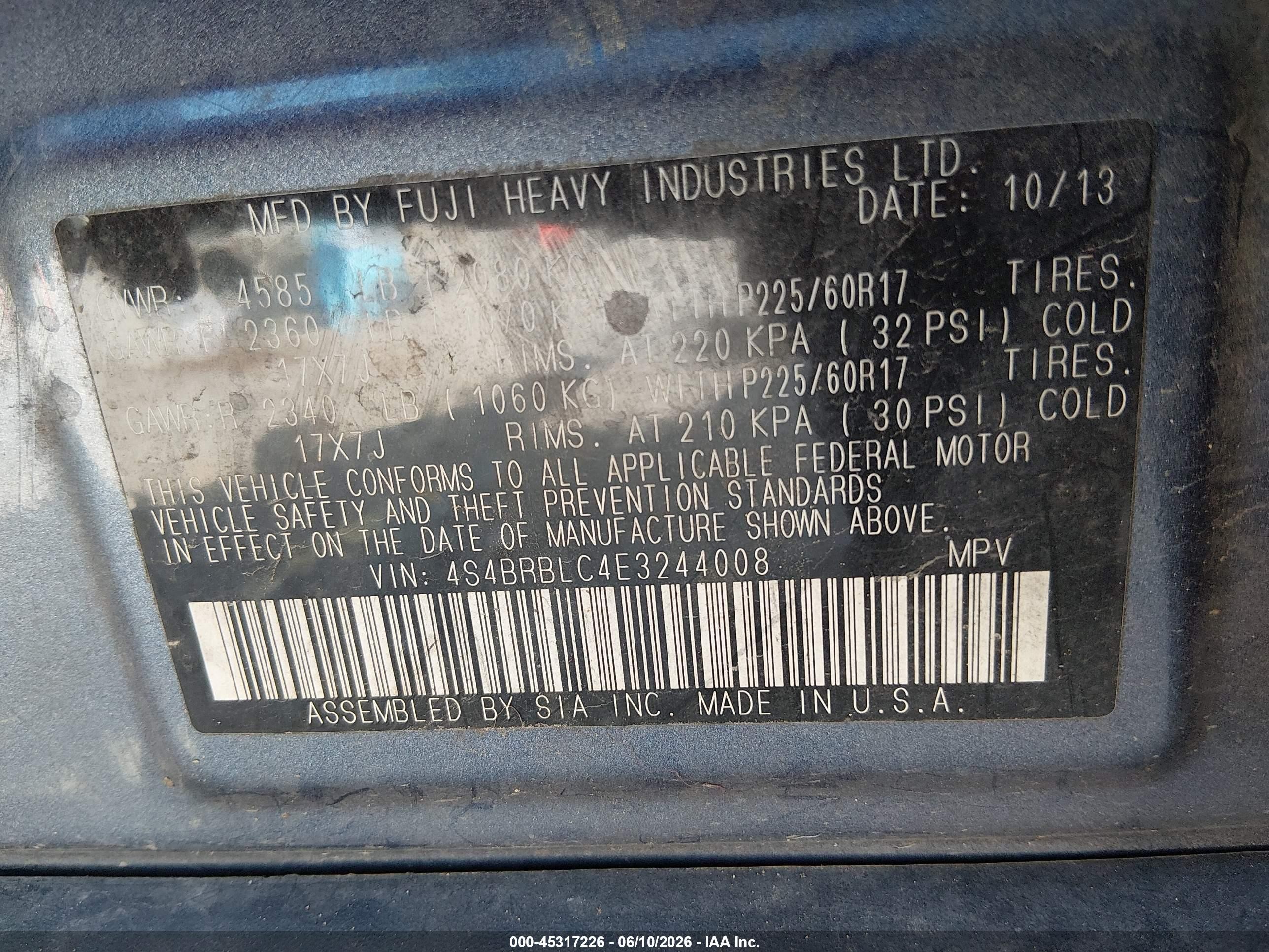 2014 Subaru Outback 2.5i Limited Blue vin: 4S4BRBLC4E3244008