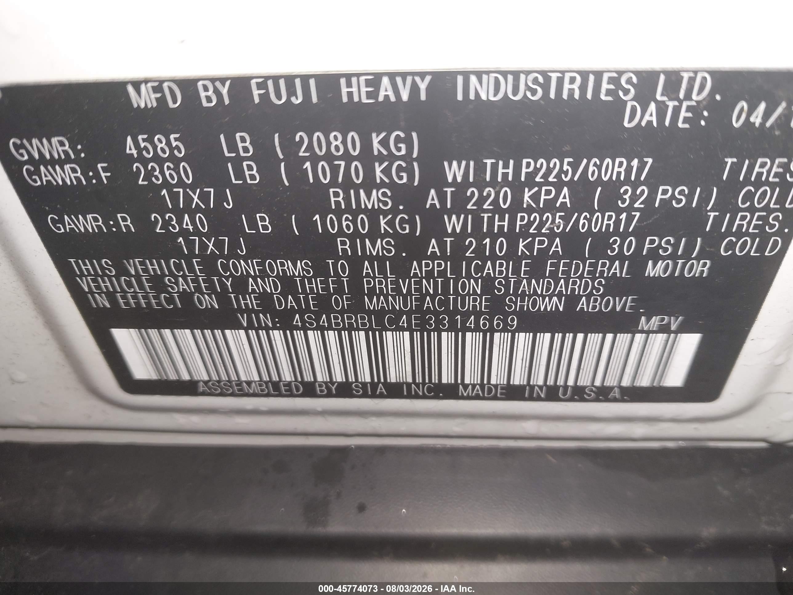 2014 Subaru Outback 2.5i Limited Белый vin: 4S4BRBLC4E3314669